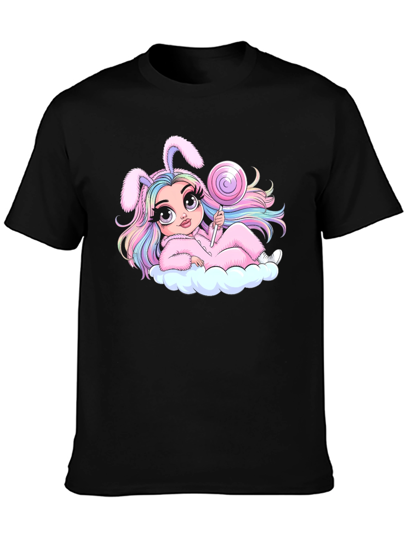 Kawaii Bunny Girl T-Shirt - Black Cotton Tee
