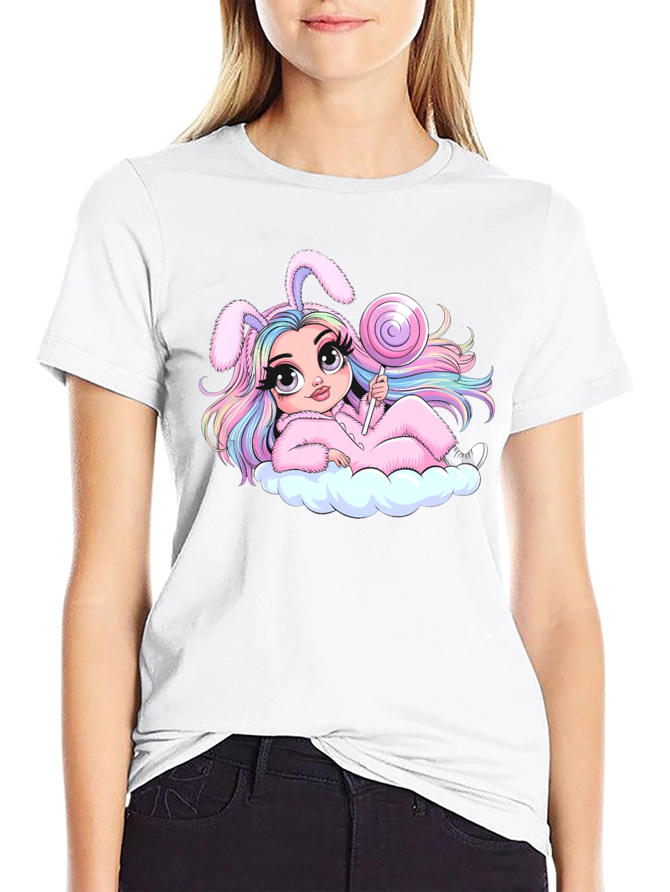 Kawaii Bunny Girl T-Shirt - Black Cotton Tee