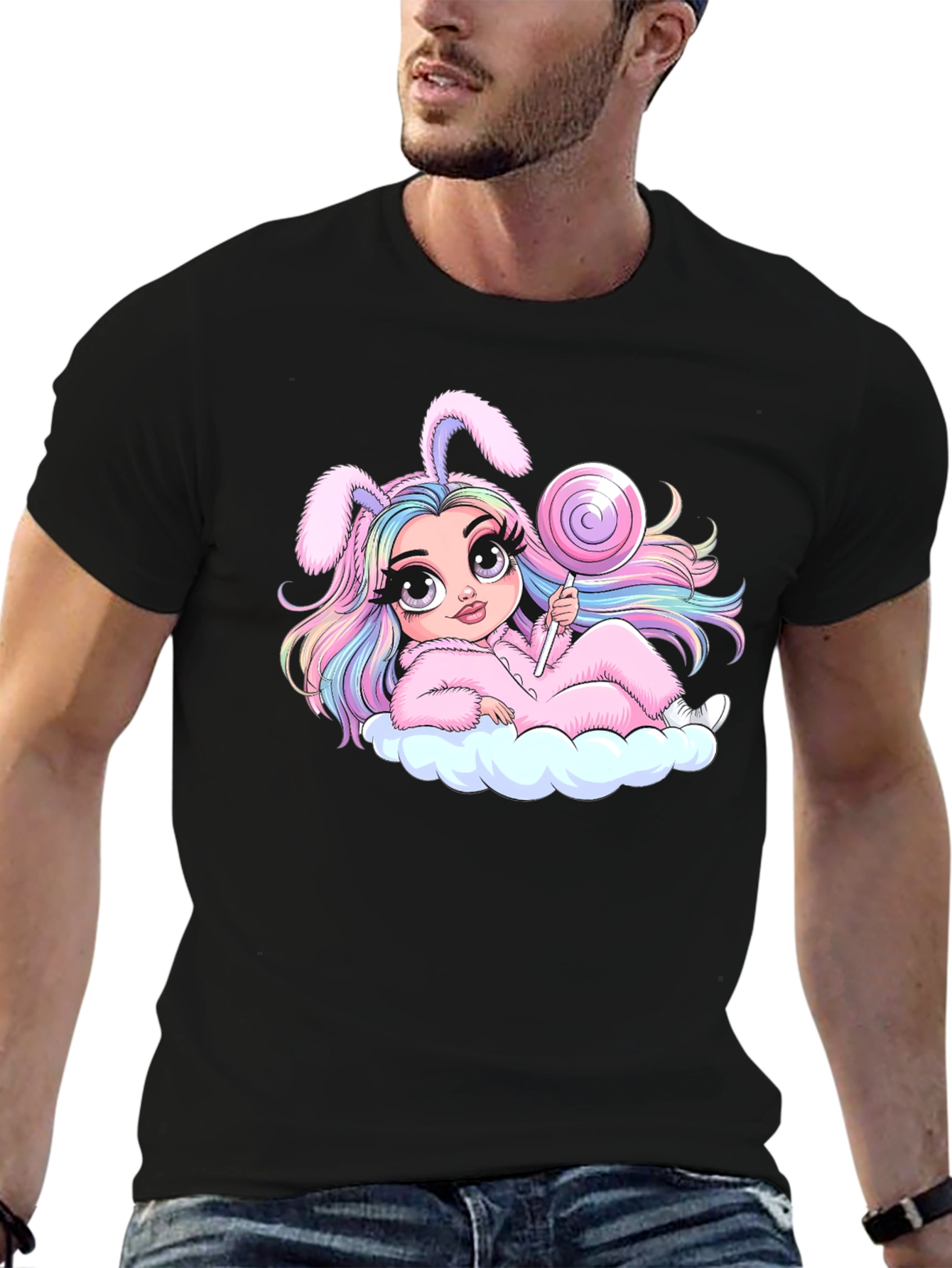 Kawaii Bunny Girl T-Shirt - Black Cotton Tee
