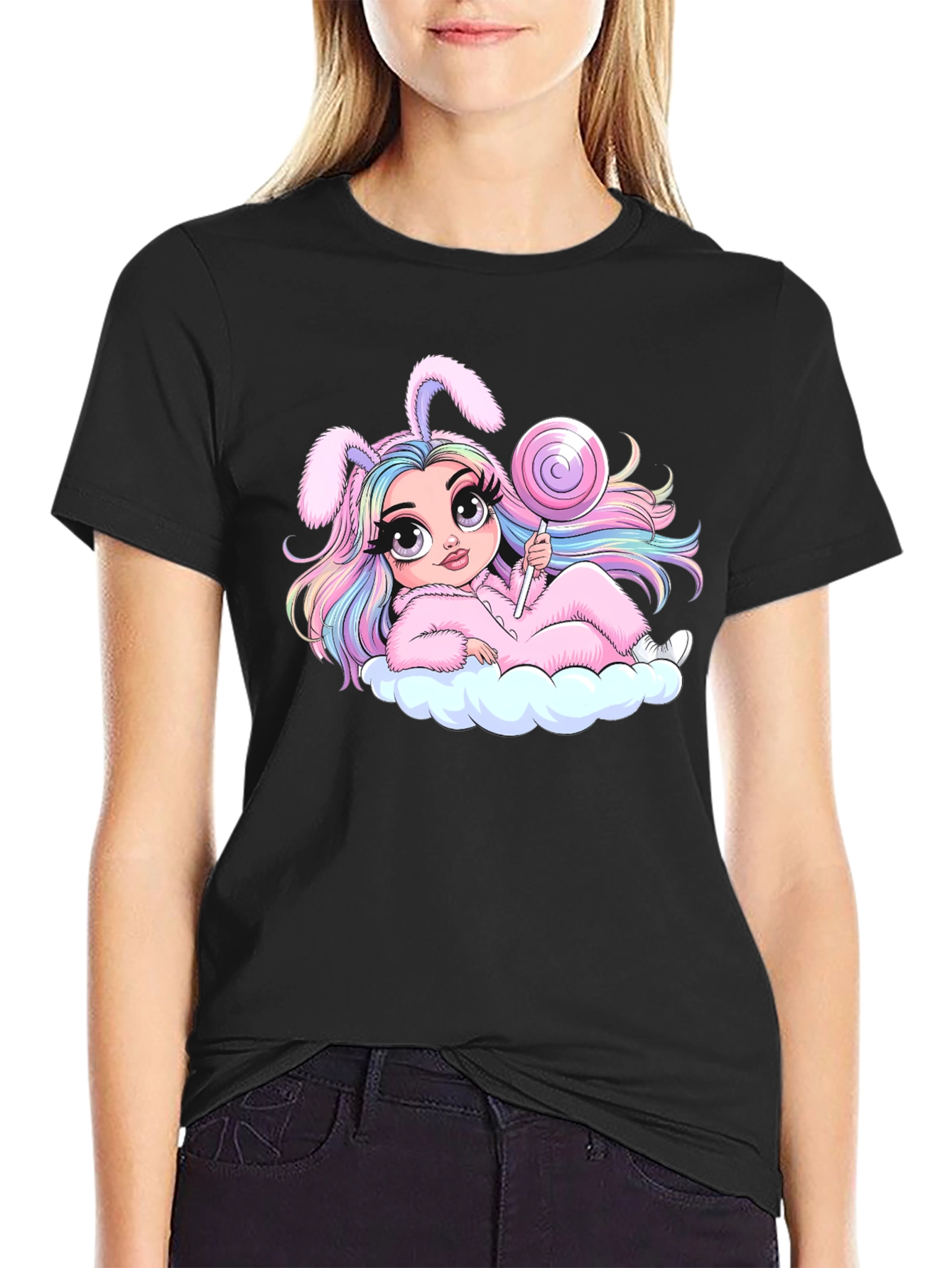 Kawaii Bunny Girl T-Shirt - Black Cotton Tee