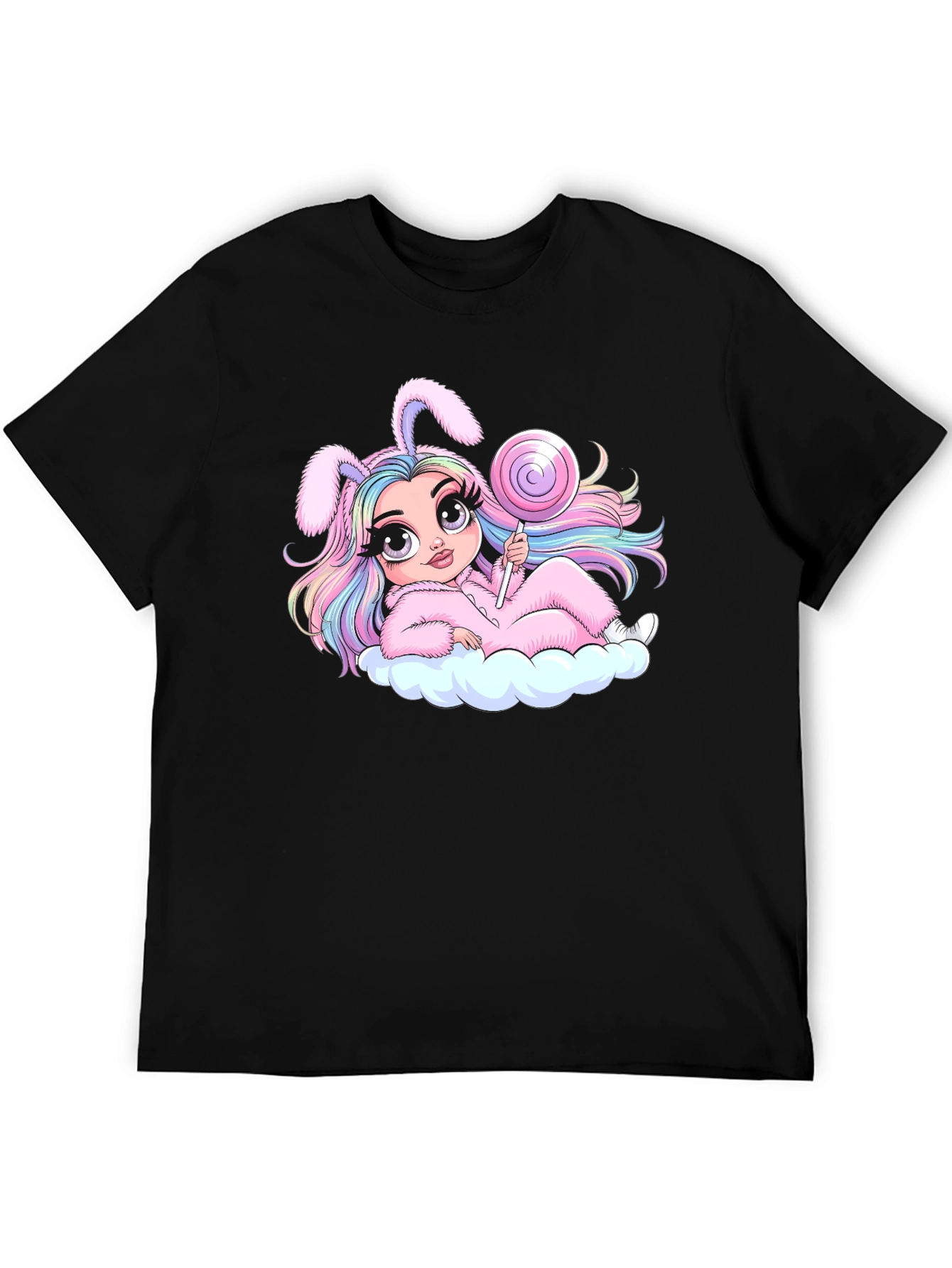 Kawaii Bunny Girl T-Shirt - Black Cotton Tee