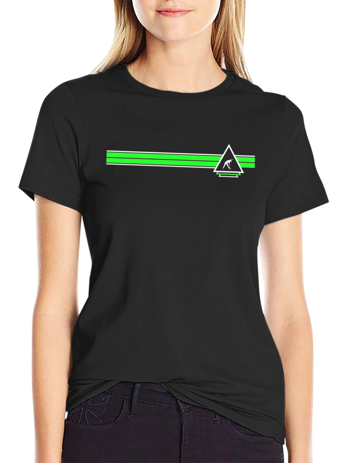 Mens Black Tee with Geometric Green Stripe Design
