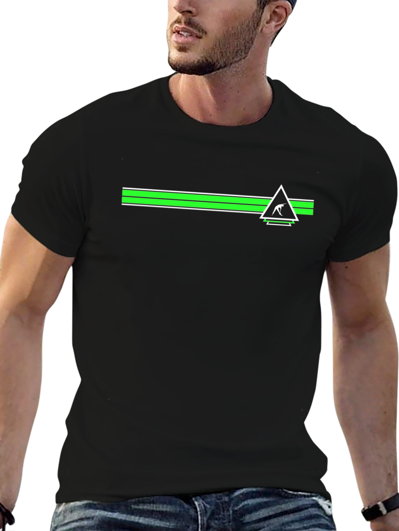 Mens Black Tee with Geometric Green Stripe Design