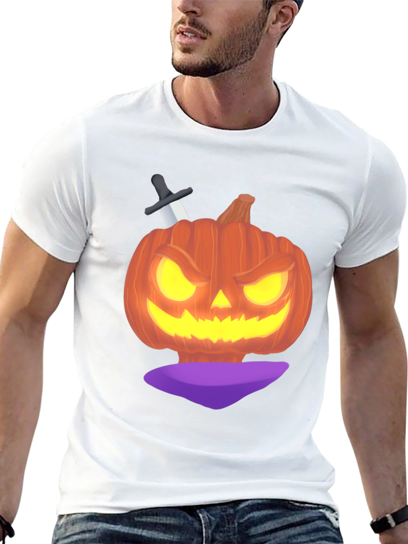 Halloween Pumpkin with Knife Black T-Shirt