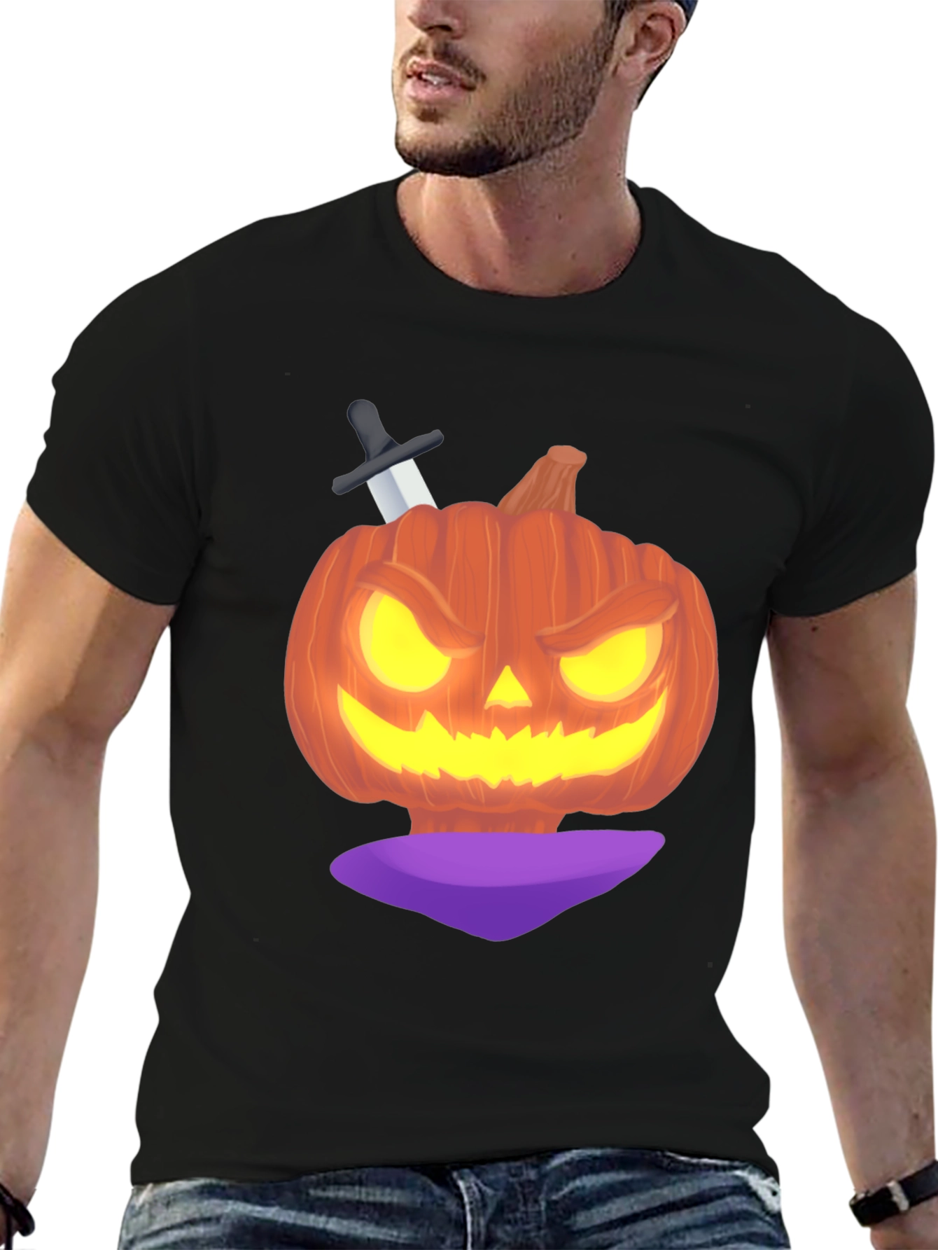 Halloween Pumpkin with Knife Black T-Shirt
