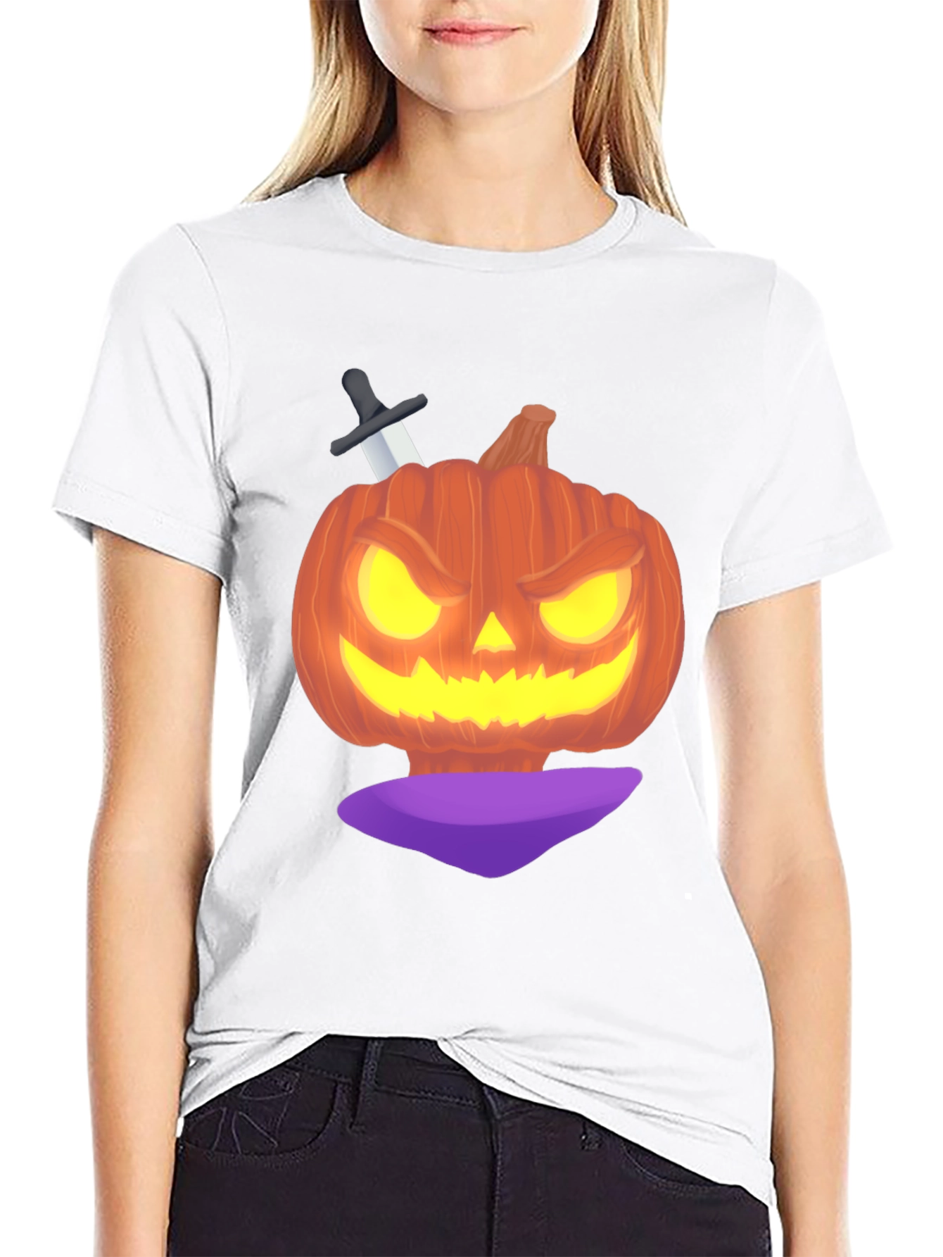 Halloween Pumpkin with Knife Black T-Shirt