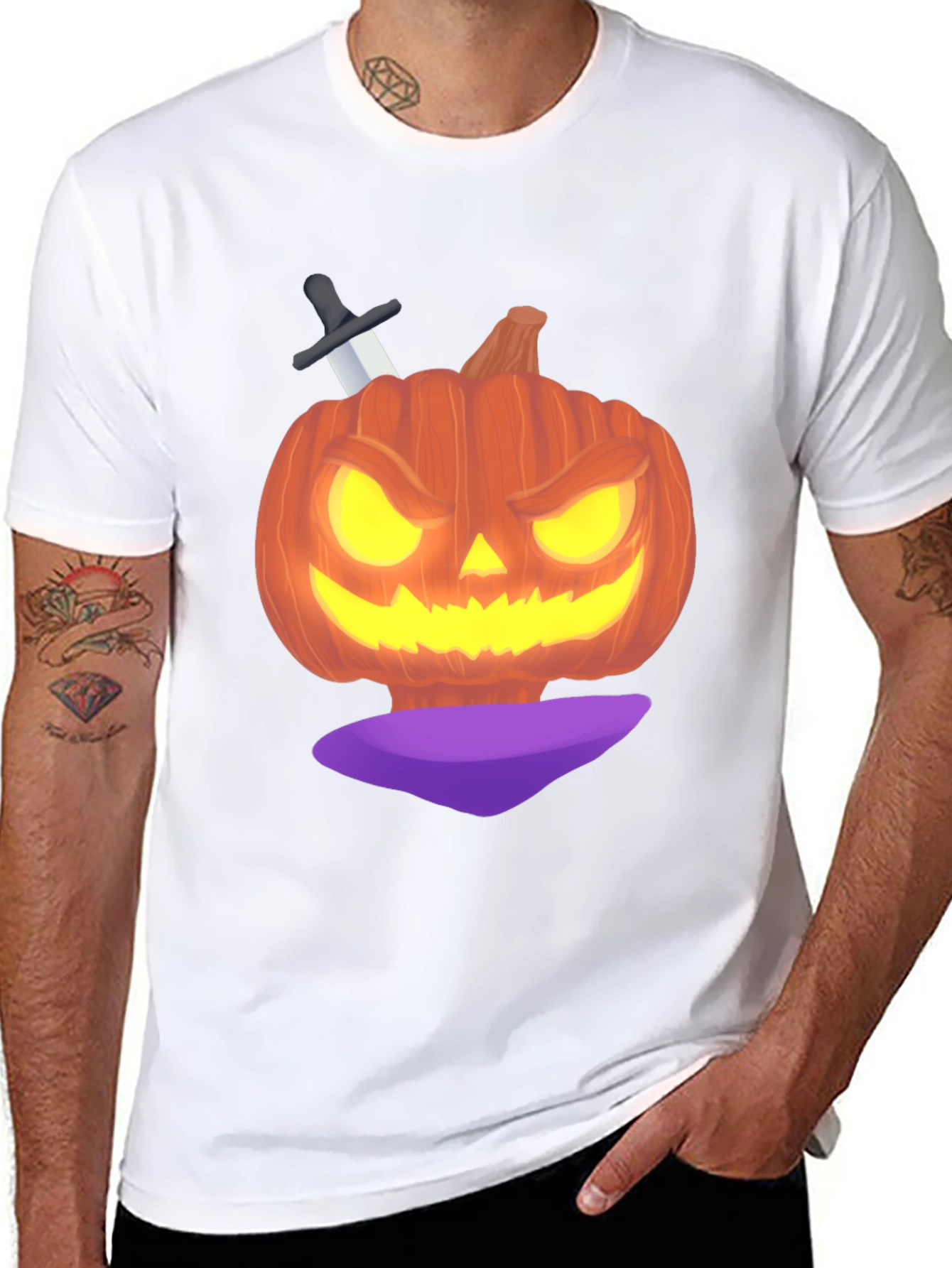 Halloween Pumpkin with Knife Black T-Shirt