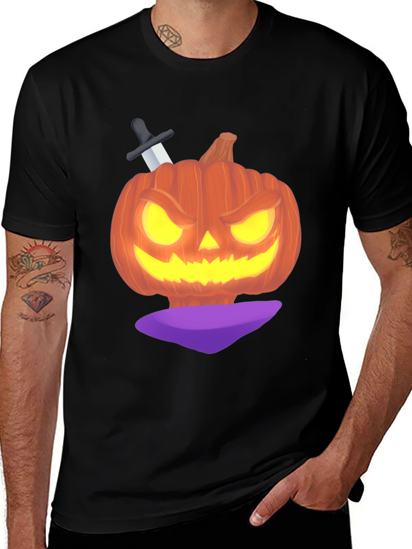 Halloween Pumpkin with Knife Black T-Shirt