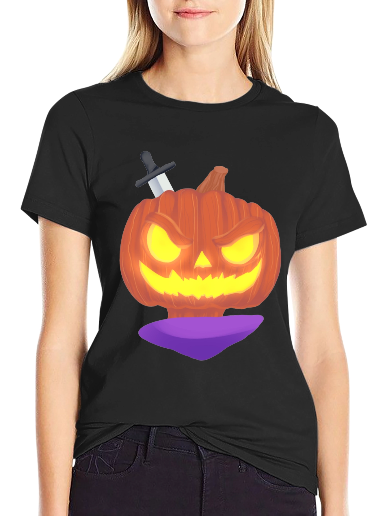 Halloween Pumpkin with Knife Black T-Shirt