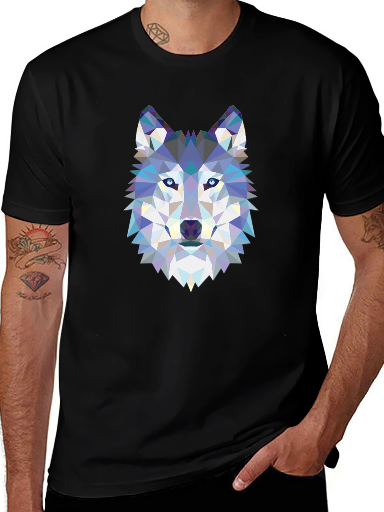 Geometric Wolf Graphic Black T-Shirt