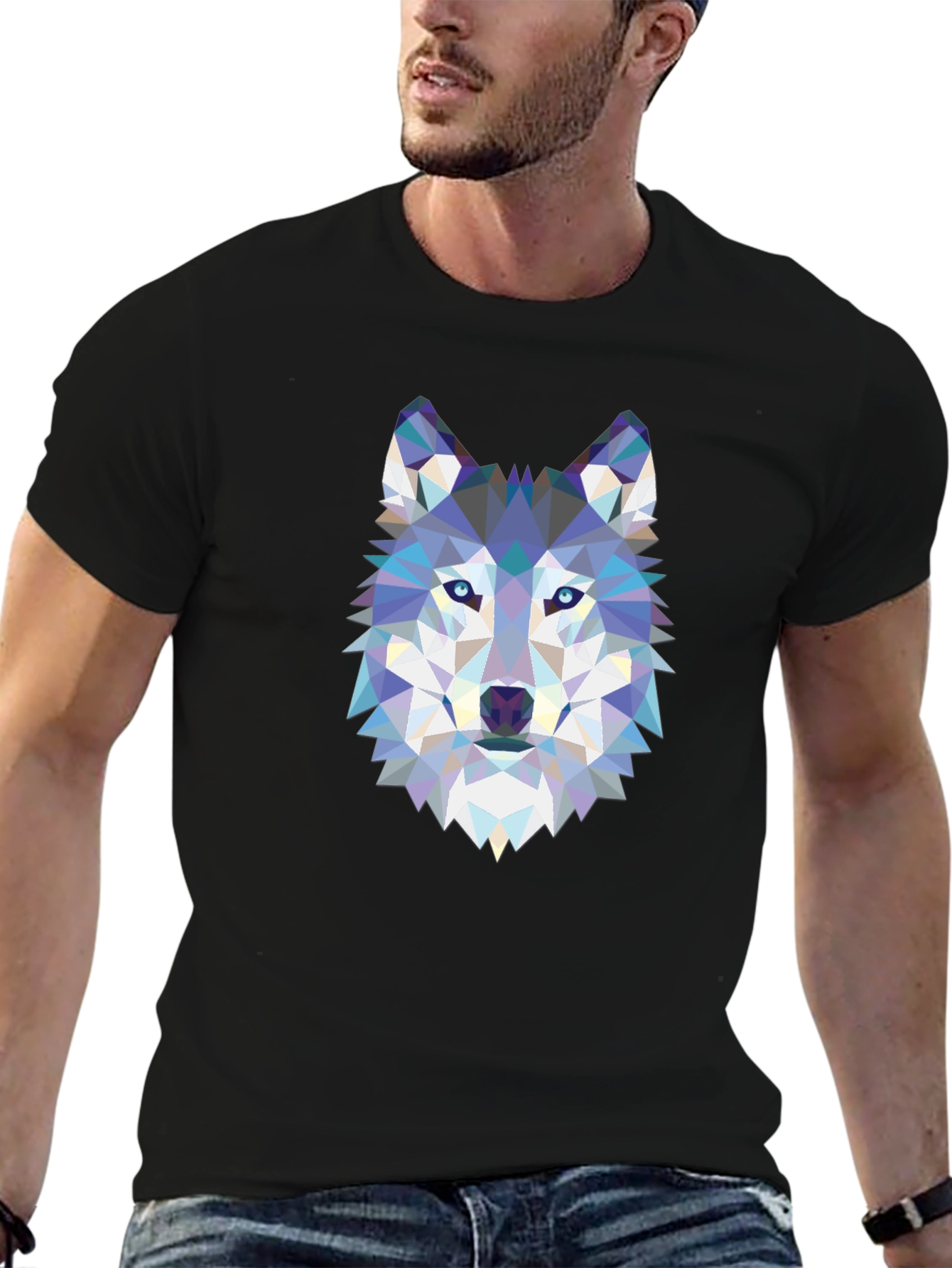 Geometric Wolf Graphic Black T-Shirt