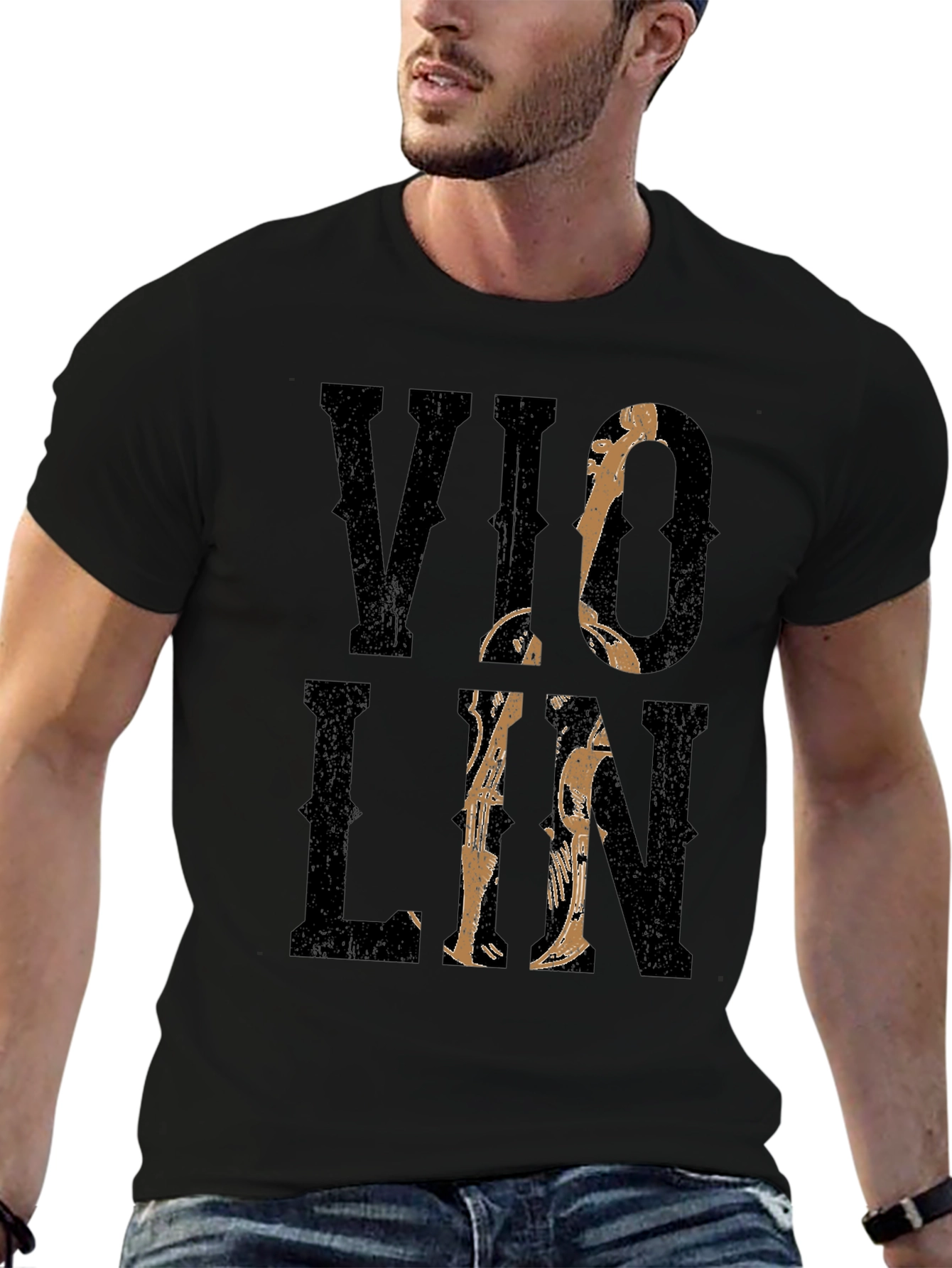 Violin Graphic Print Black T-Shirt
