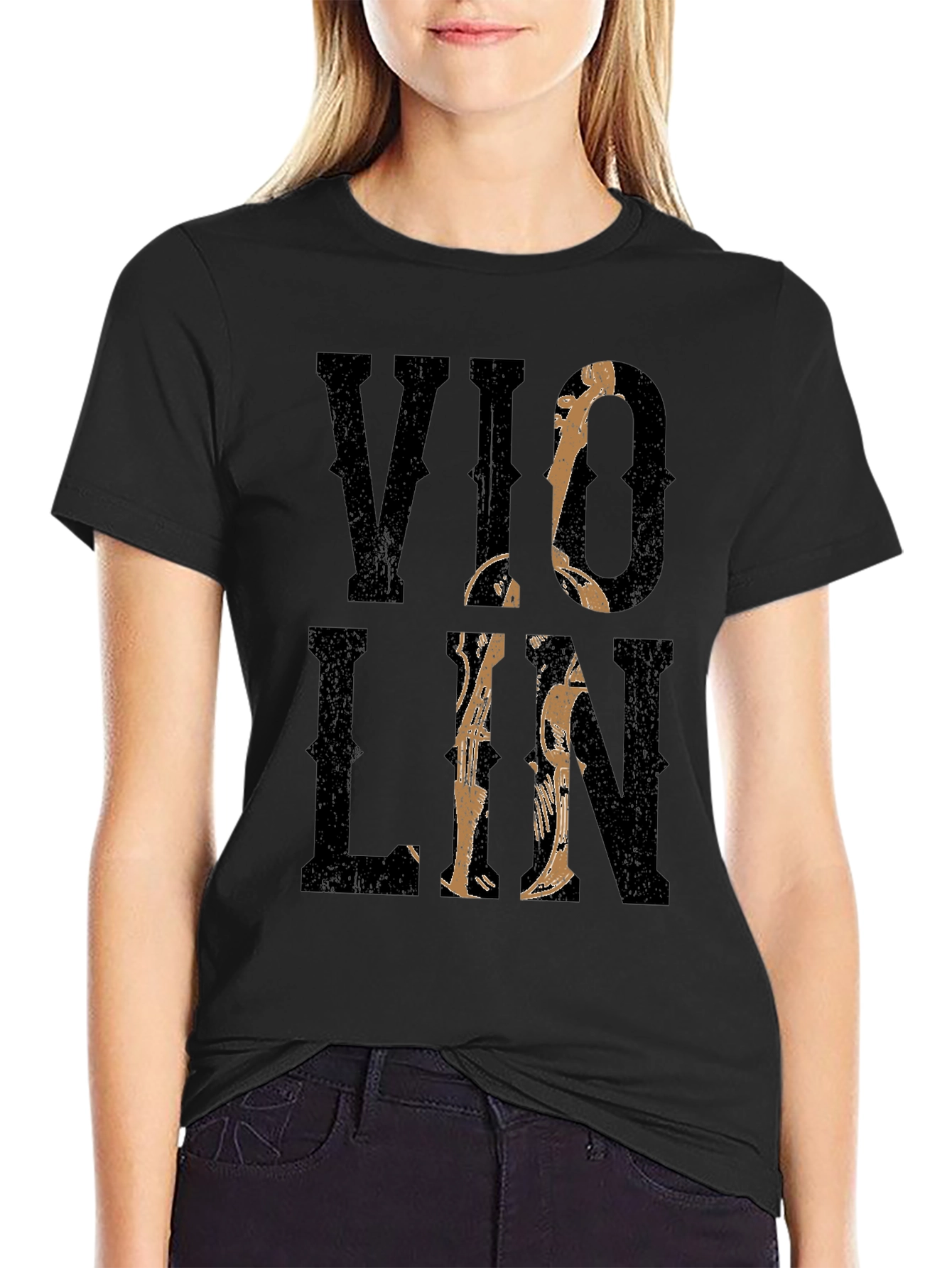 Violin Graphic Print Black T-Shirt