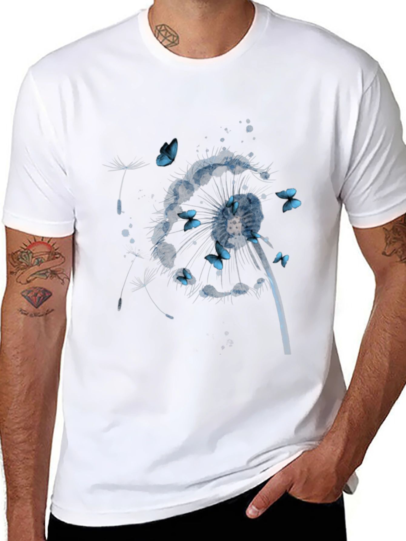 Dandelion & Butterfly Print Black T-Shirt