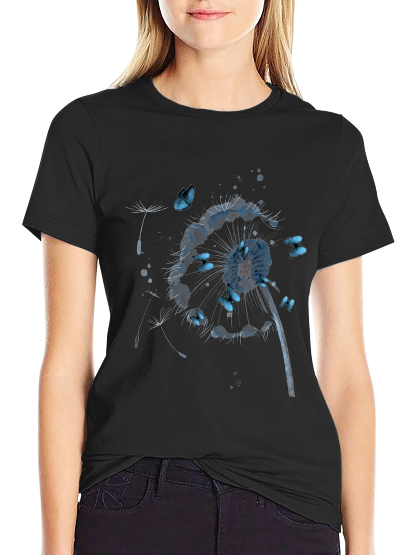 Dandelion & Butterfly Print Black T-Shirt