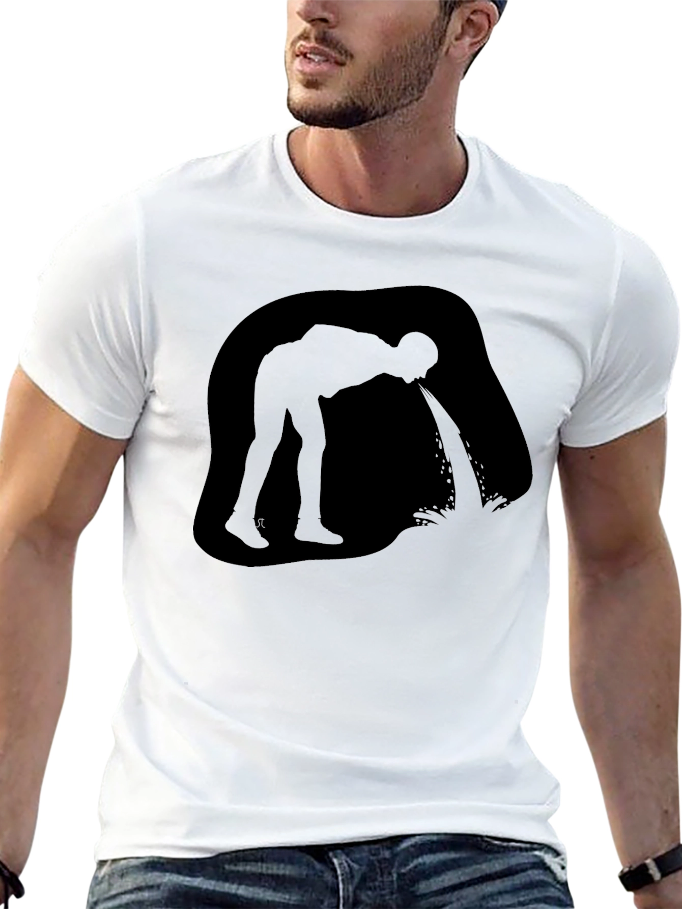 Puking Man Silhouette Graphic T-Shirt - Black