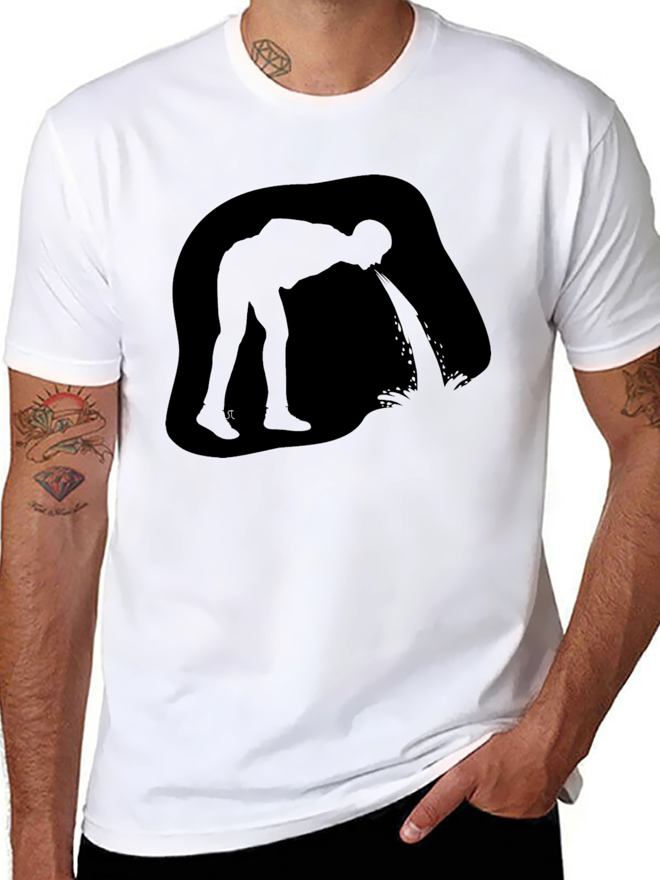 Puking Man Silhouette Graphic T-Shirt - Black