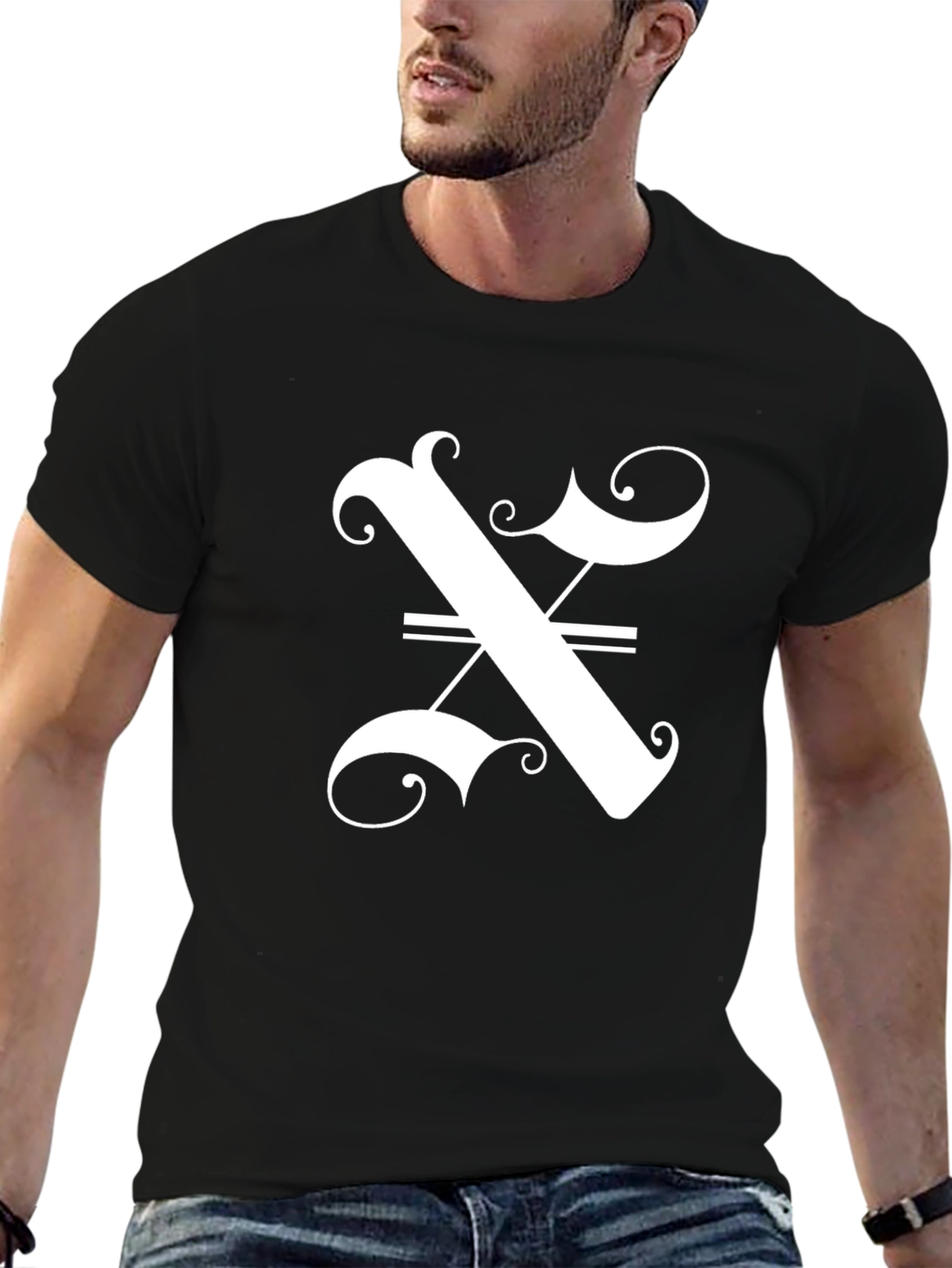 Stylish Black T-Shirt with Ornate Letter Graphic