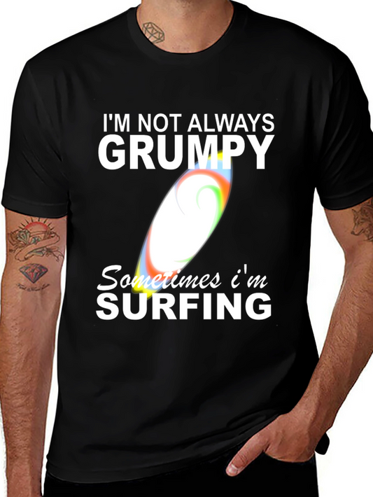 Grumpy Surfing Graphic Tee -  Mens Black Cotton T-Shirt