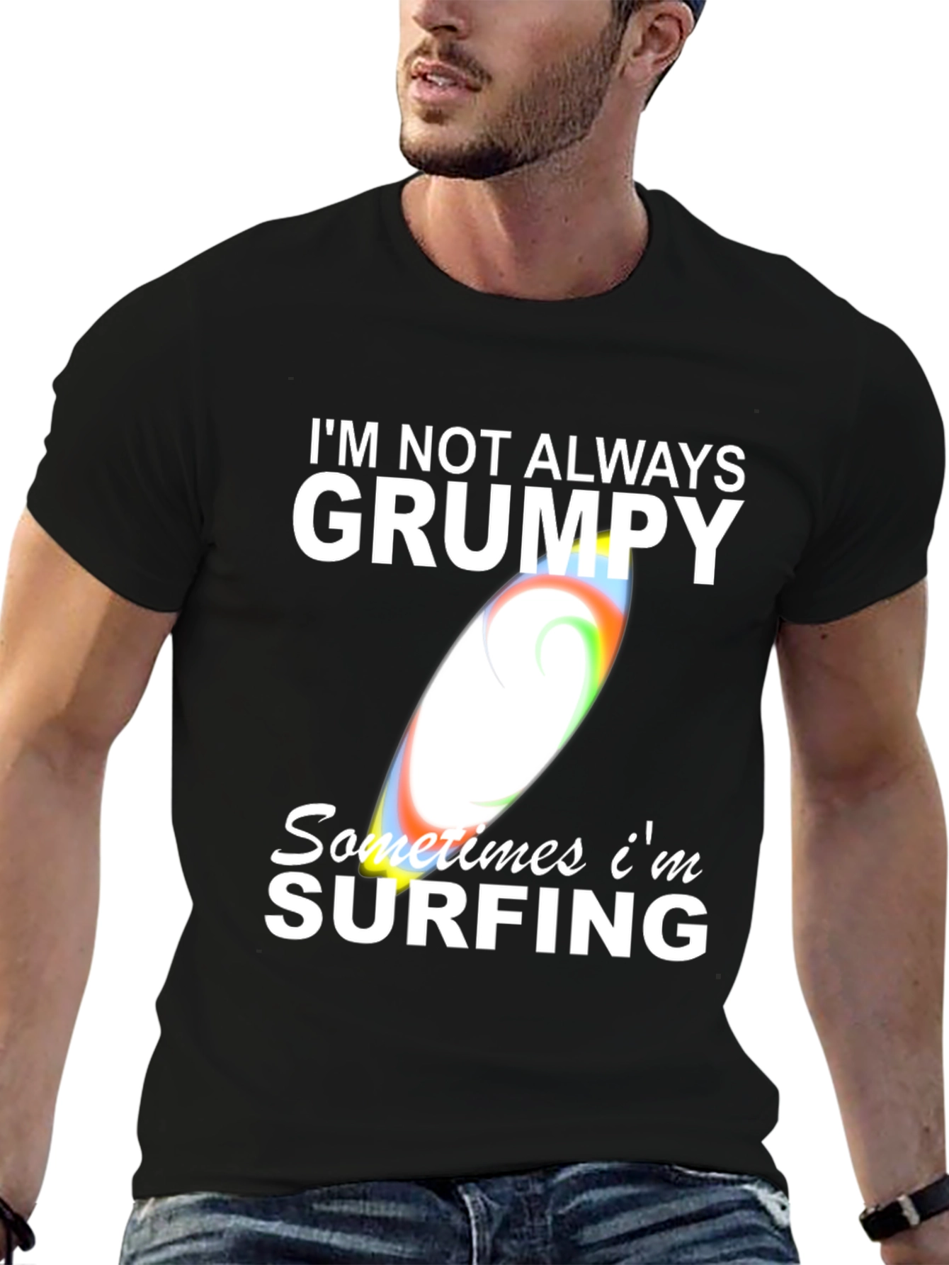 Grumpy Surfing Graphic Tee -  Mens Black Cotton T-Shirt