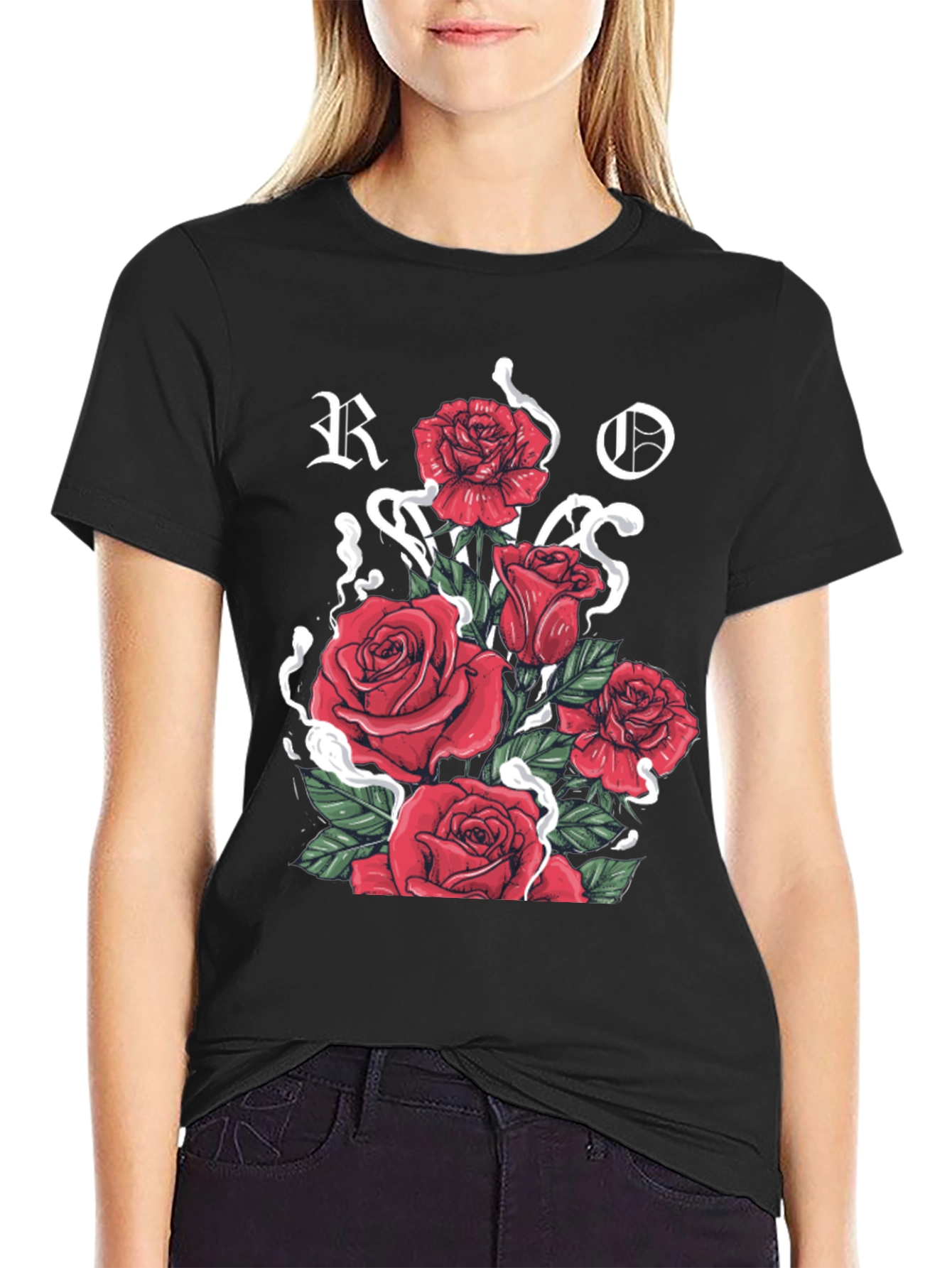 Floral Rose Graphic Print Black T-Shirt
