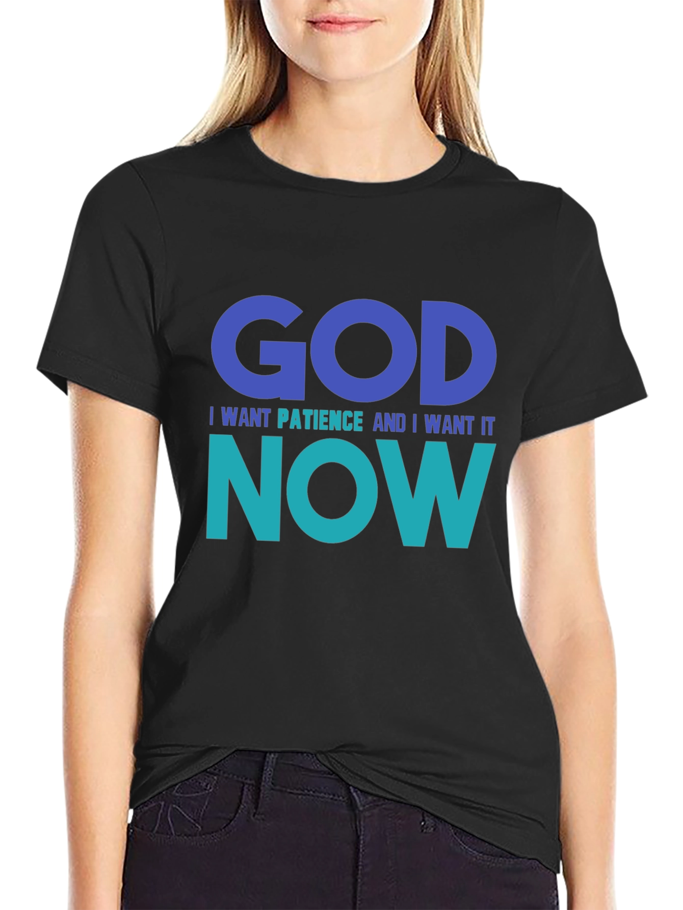 Funny God Patience Graphic T-Shirt - Black