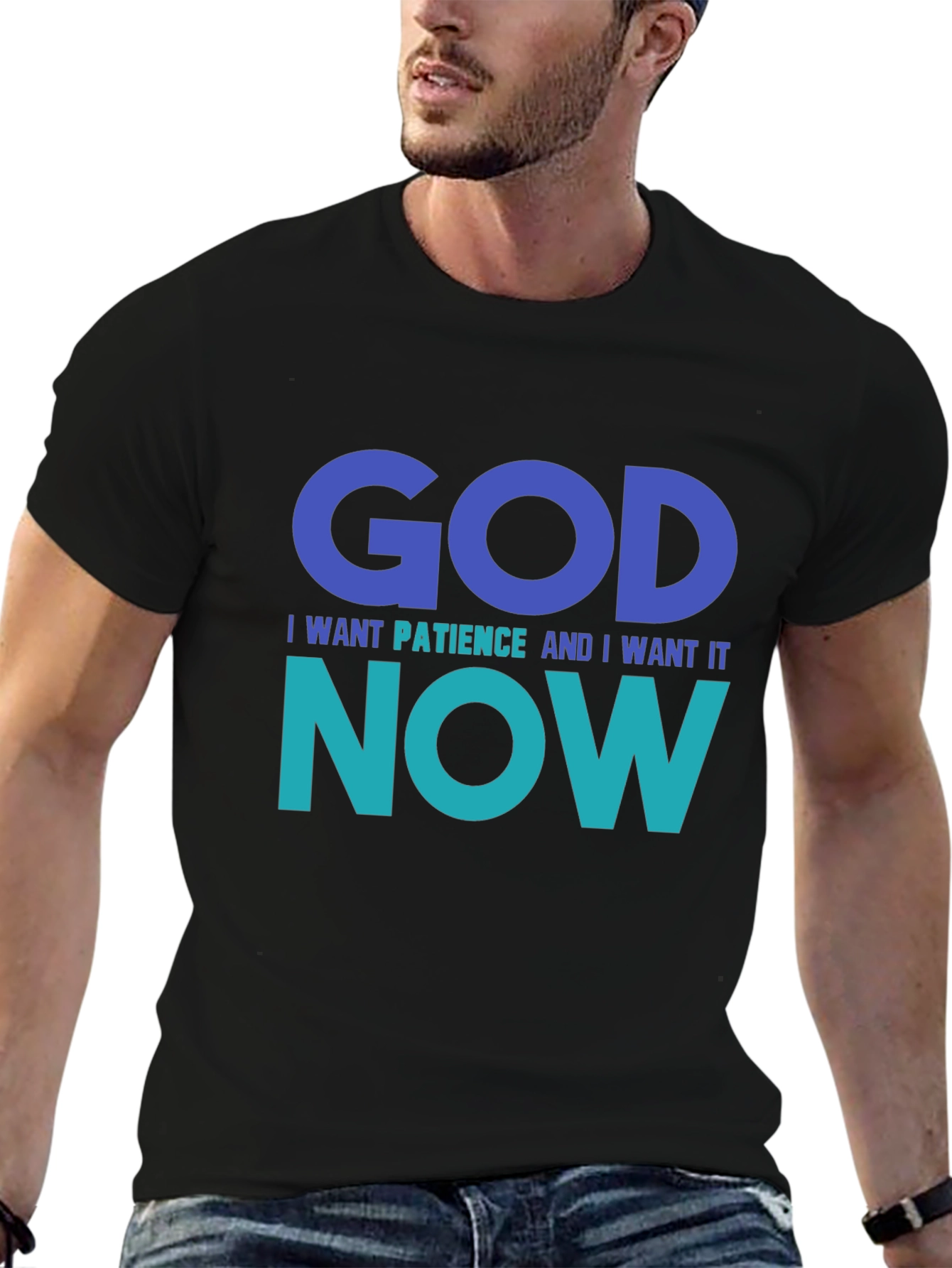 Funny God Patience Graphic T-Shirt - Black