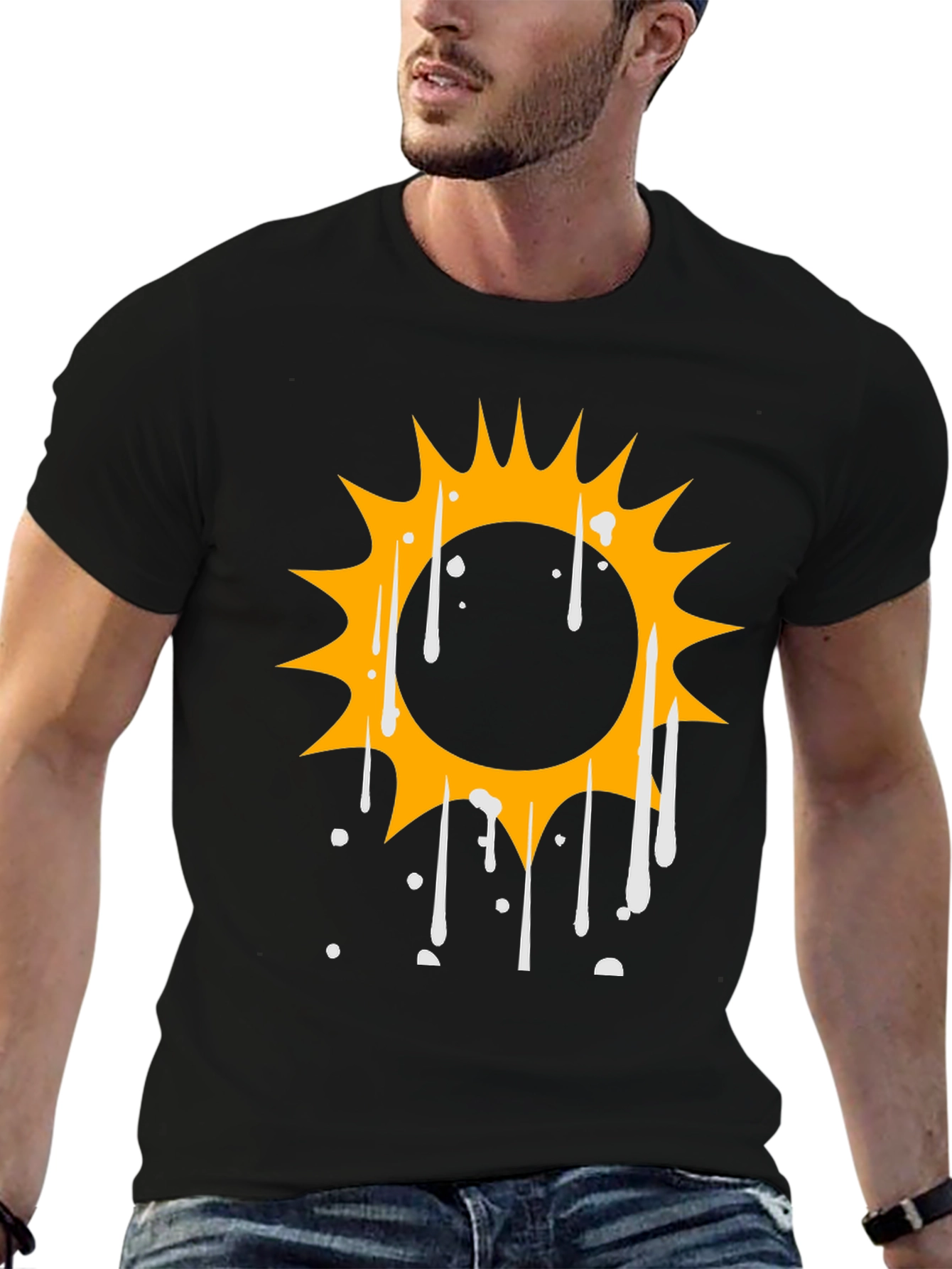 Cool Graphic Tee: Dripping Sun Design - Black
