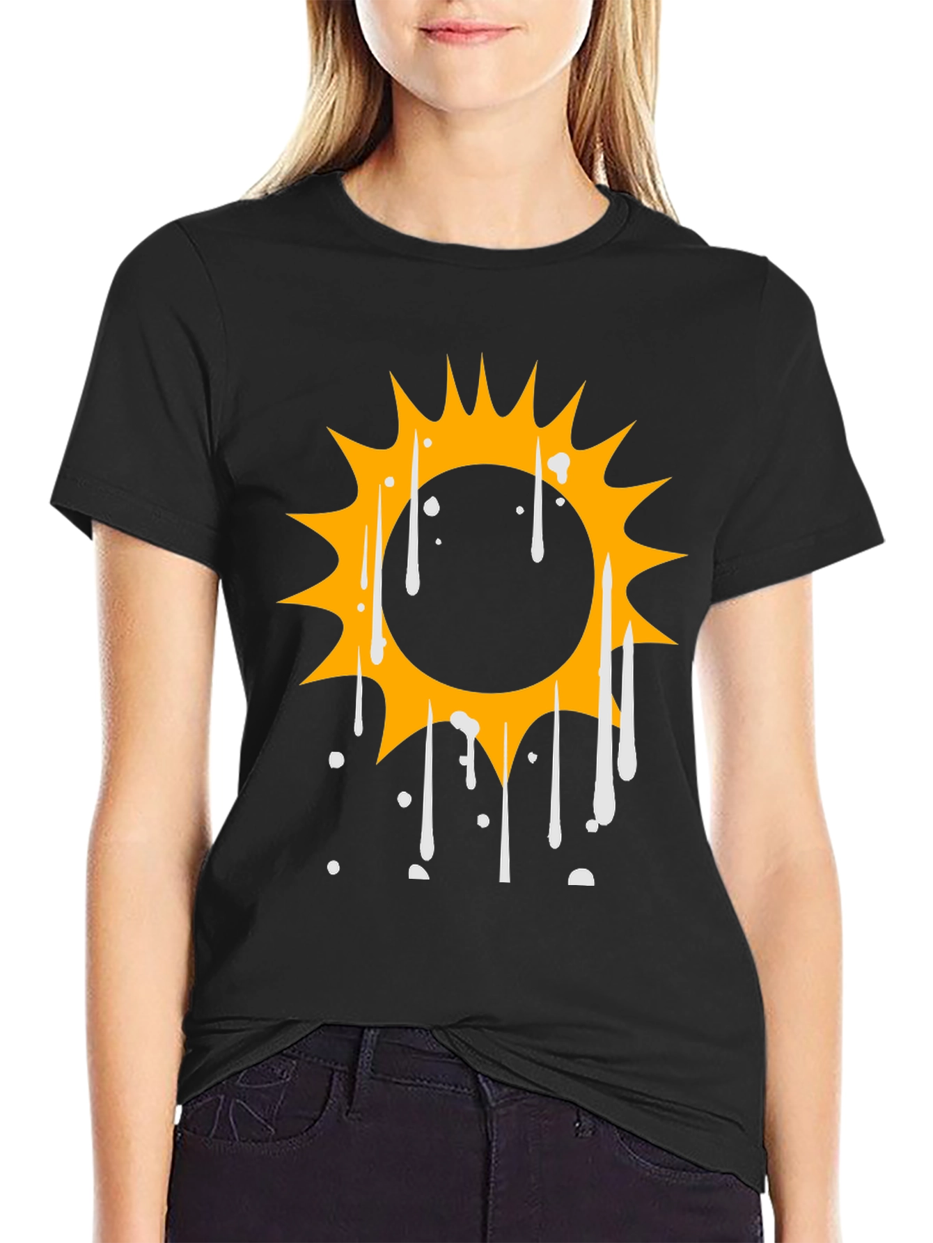 Cool Graphic Tee: Dripping Sun Design - Black