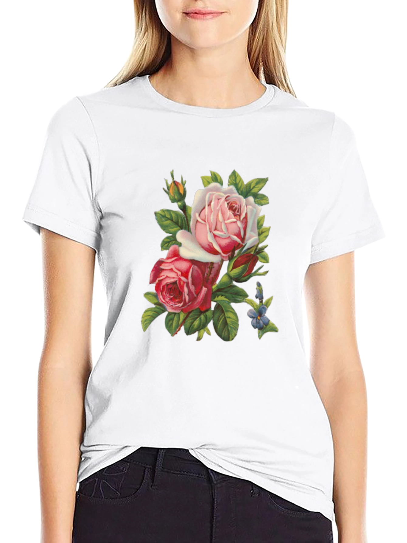 Floral Roses Graphic Tee - Soft Black T-Shirt