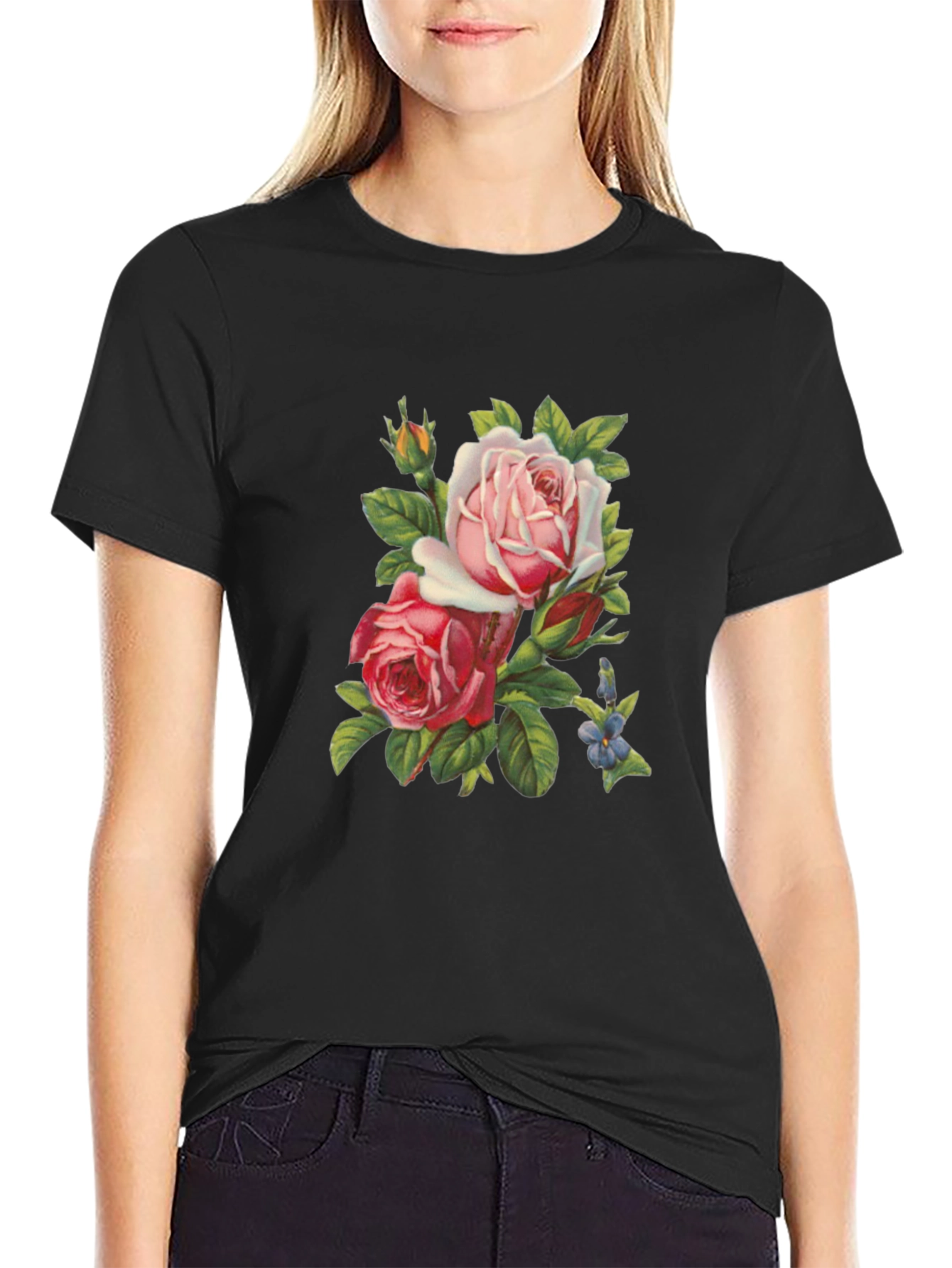 Floral Roses Graphic Tee - Soft Black T-Shirt