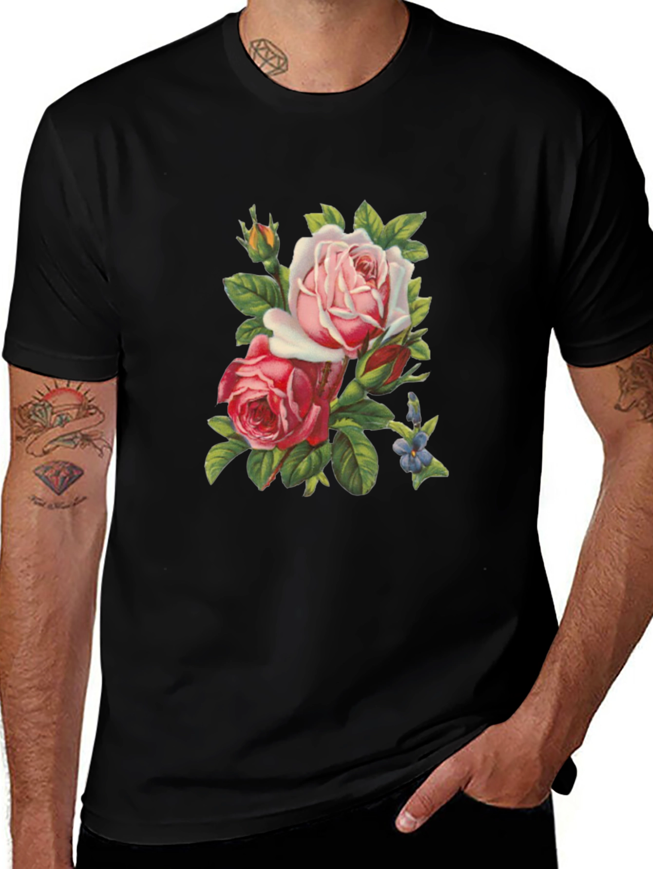Floral Roses Graphic Tee - Soft Black T-Shirt