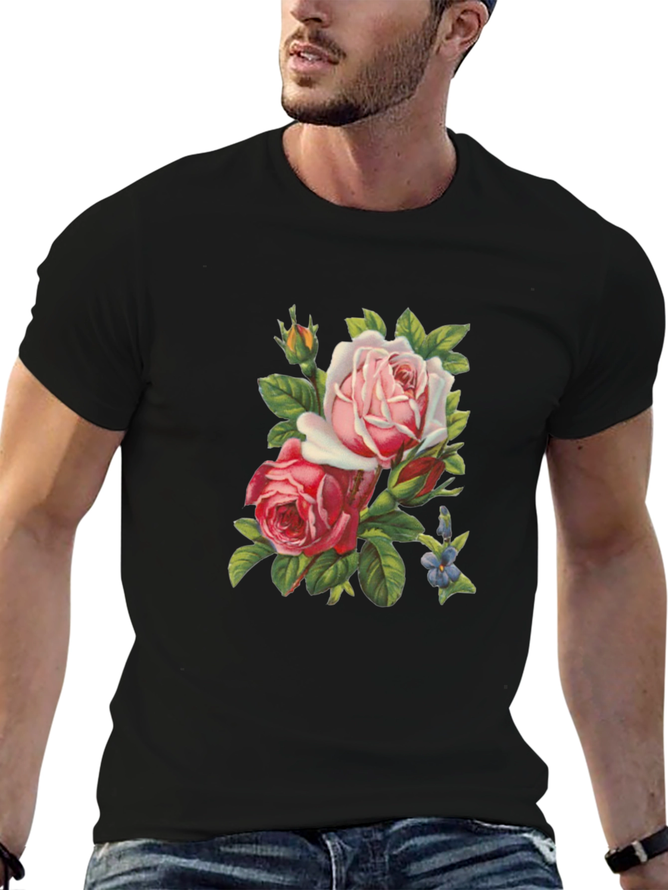 Floral Roses Graphic Tee - Soft Black T-Shirt