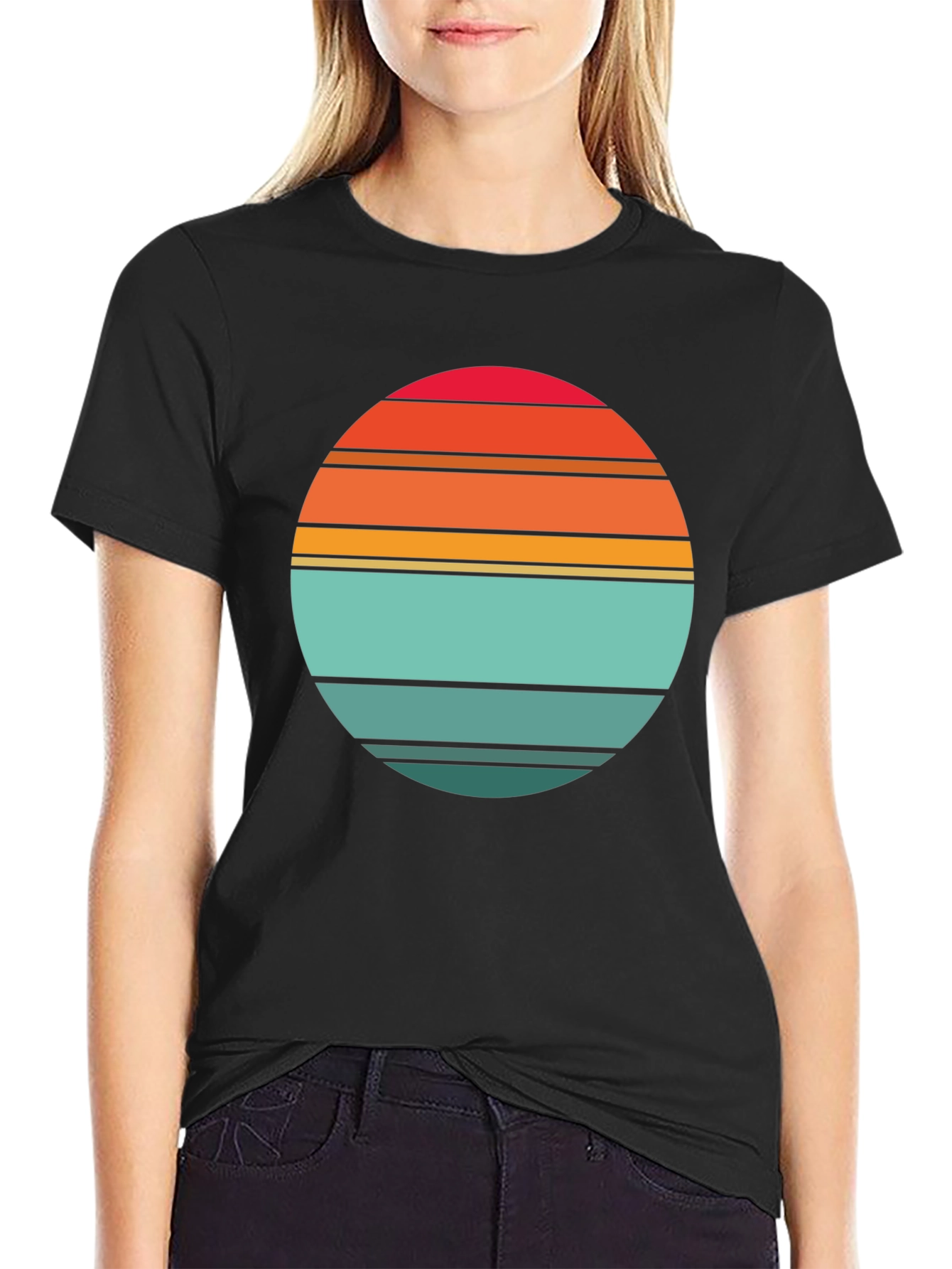 Retro Sunset Striped Graphic Tee - Black