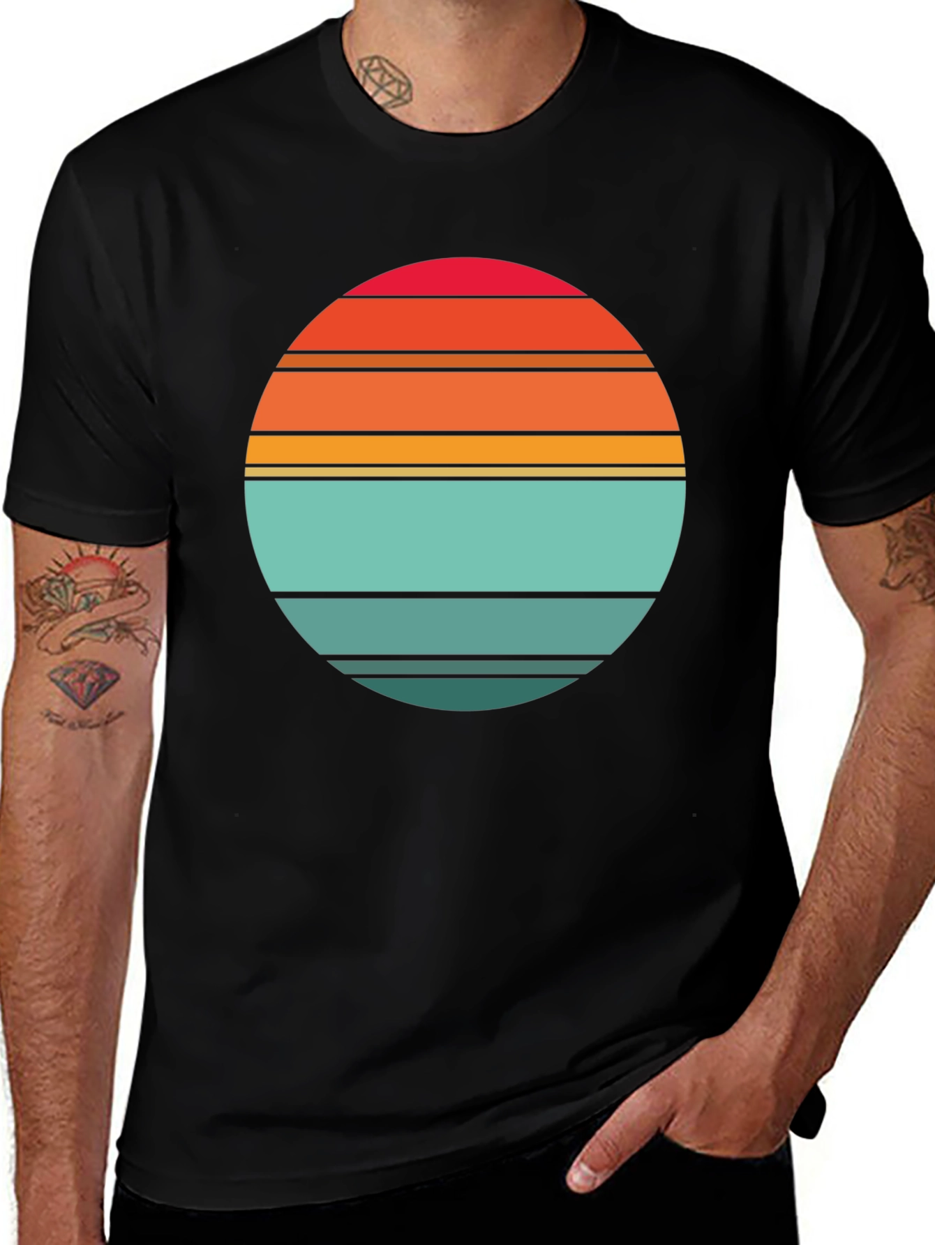 Retro Sunset Striped Graphic Tee - Black