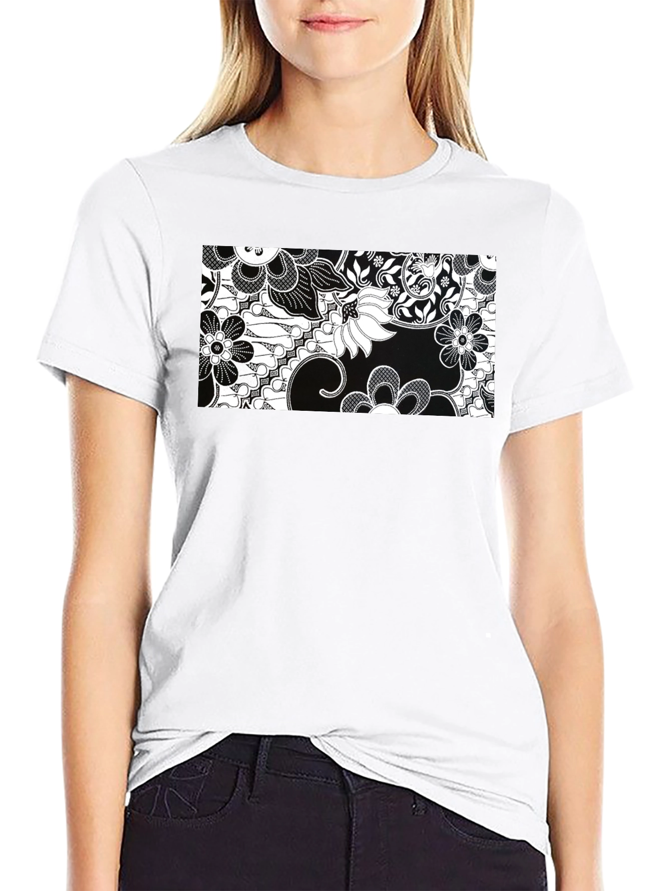 Black Floral Print Crew Neck T-Shirt