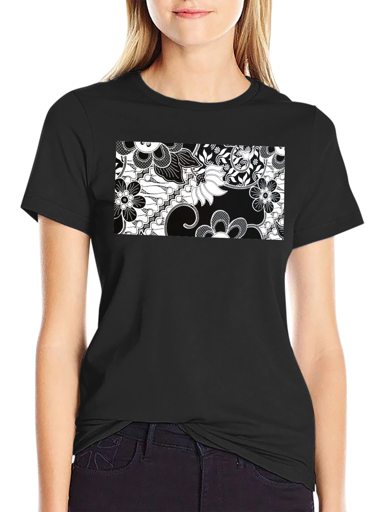 Black Floral Print Crew Neck T-Shirt