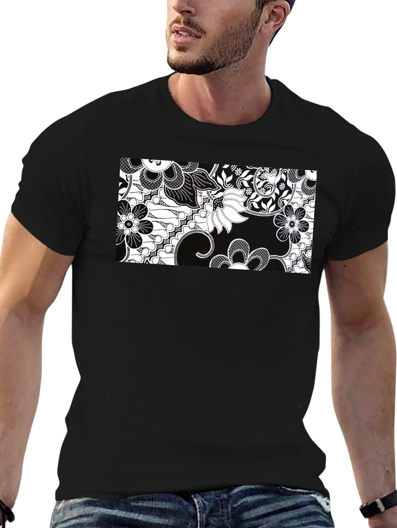 Black Floral Print Crew Neck T-Shirt