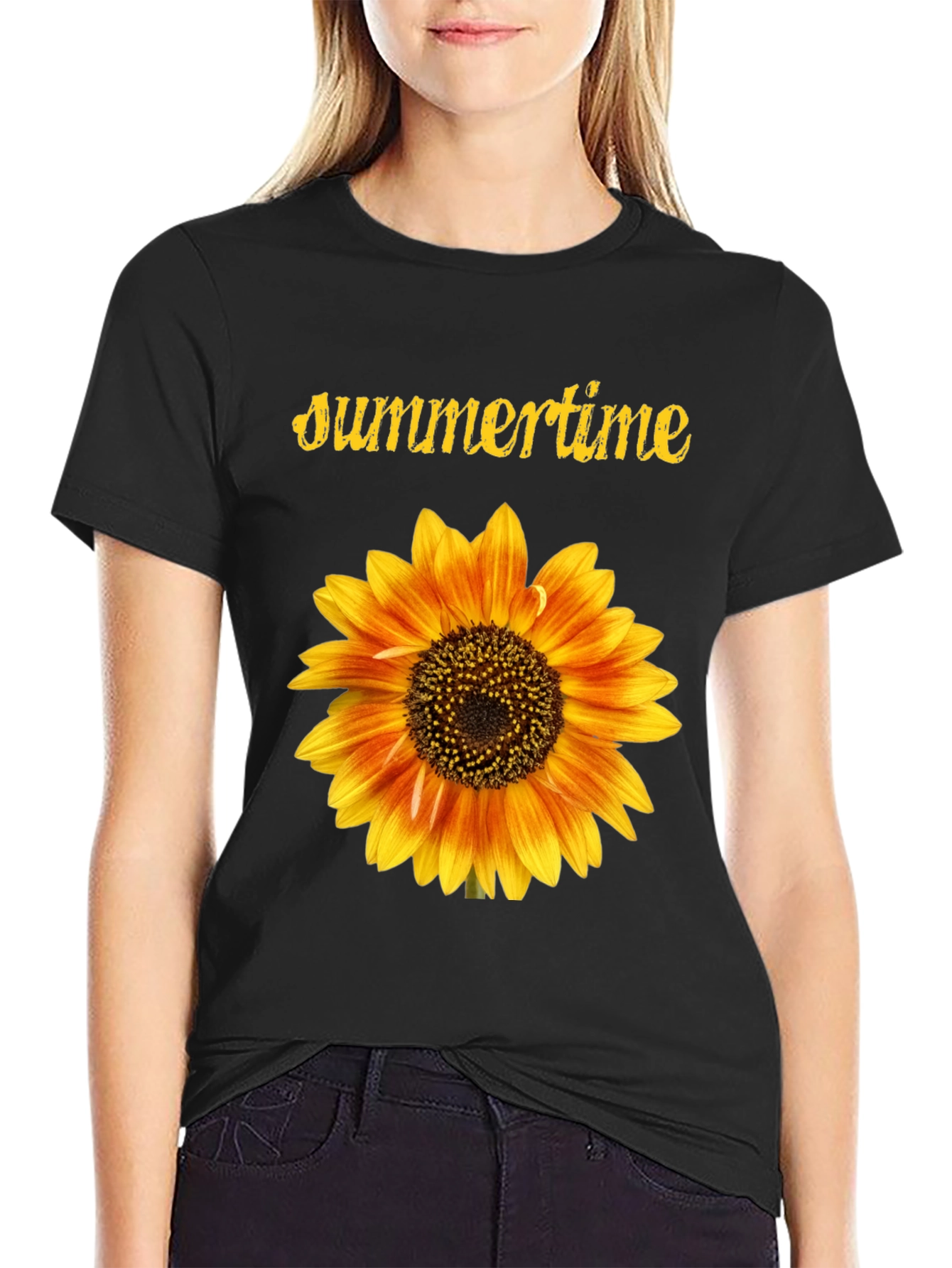 Summertime Sunflower Graphic Black T-Shirt