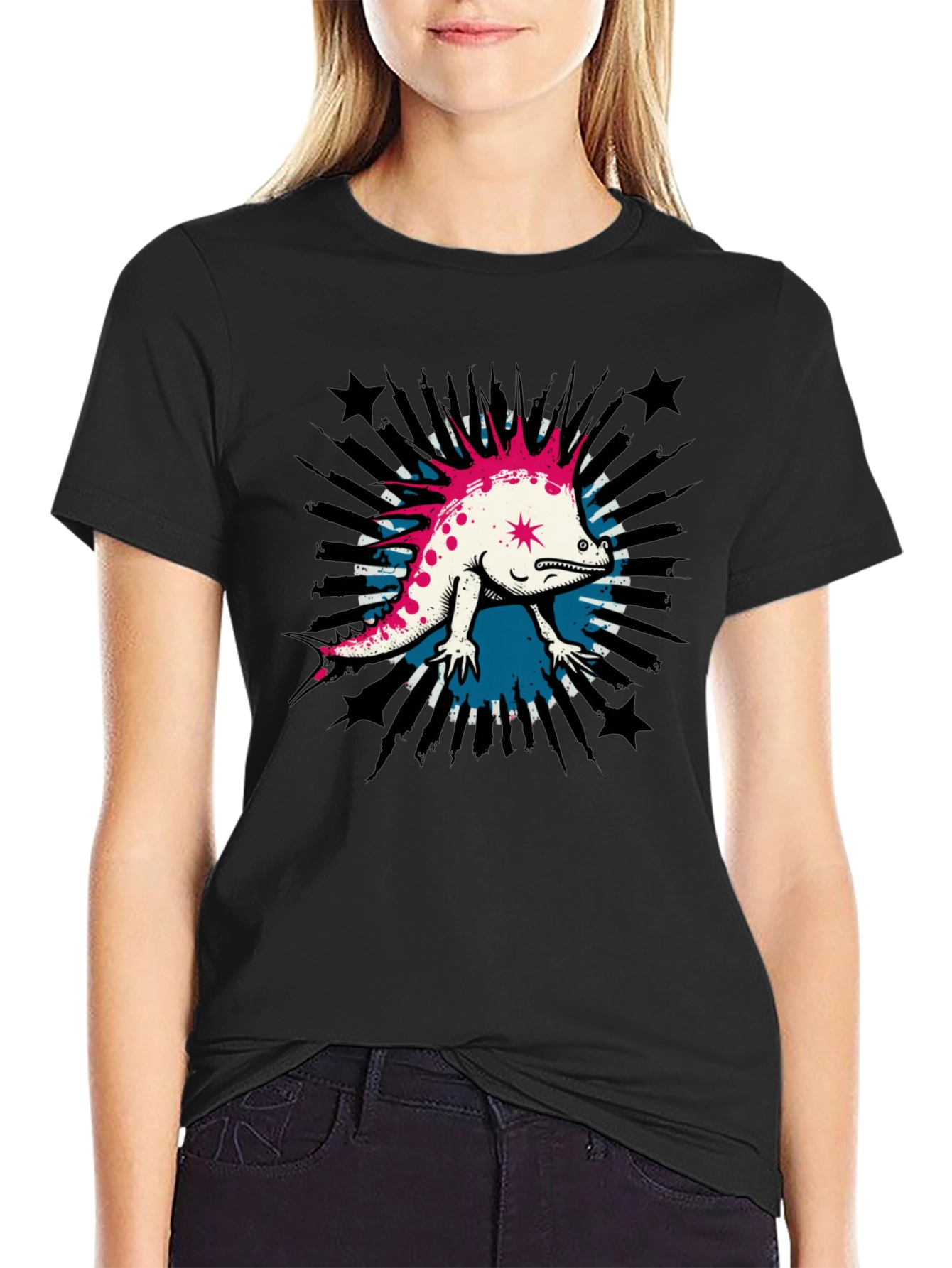 Cool Punk Lizard Graphic T-Shirt - Black