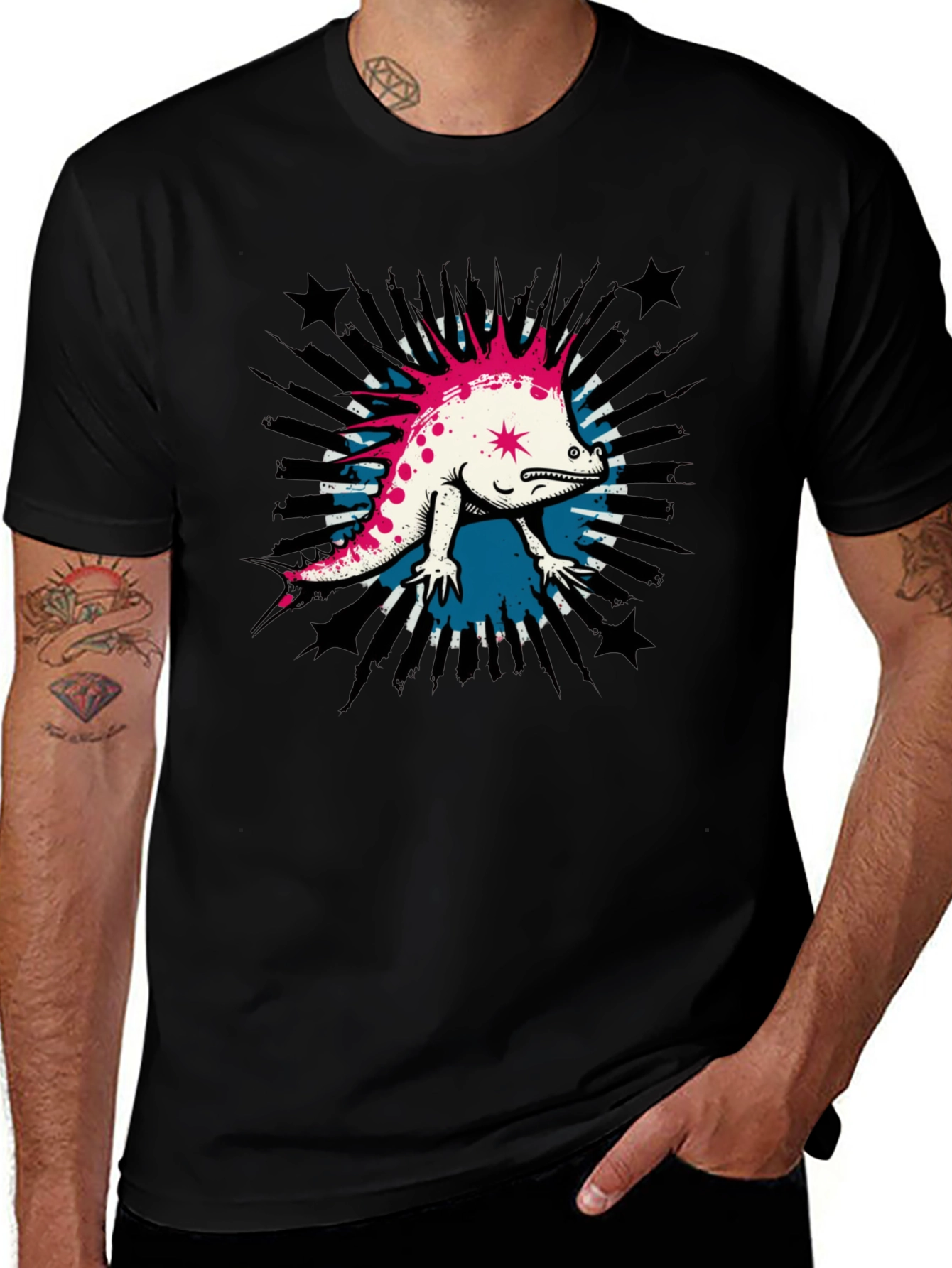 Cool Punk Lizard Graphic T-Shirt - Black
