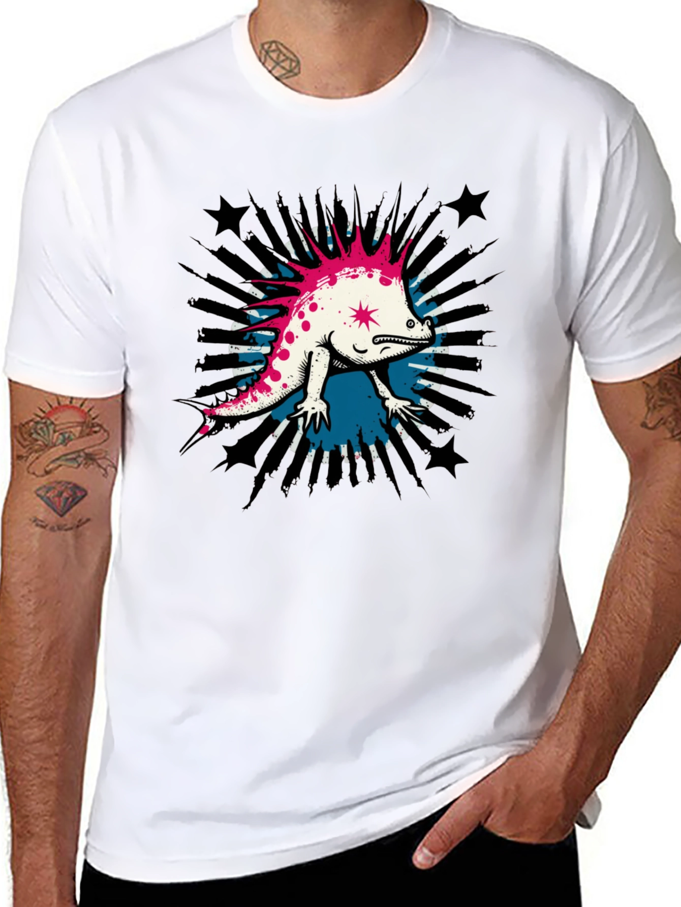 Cool Punk Lizard Graphic T-Shirt - Black
