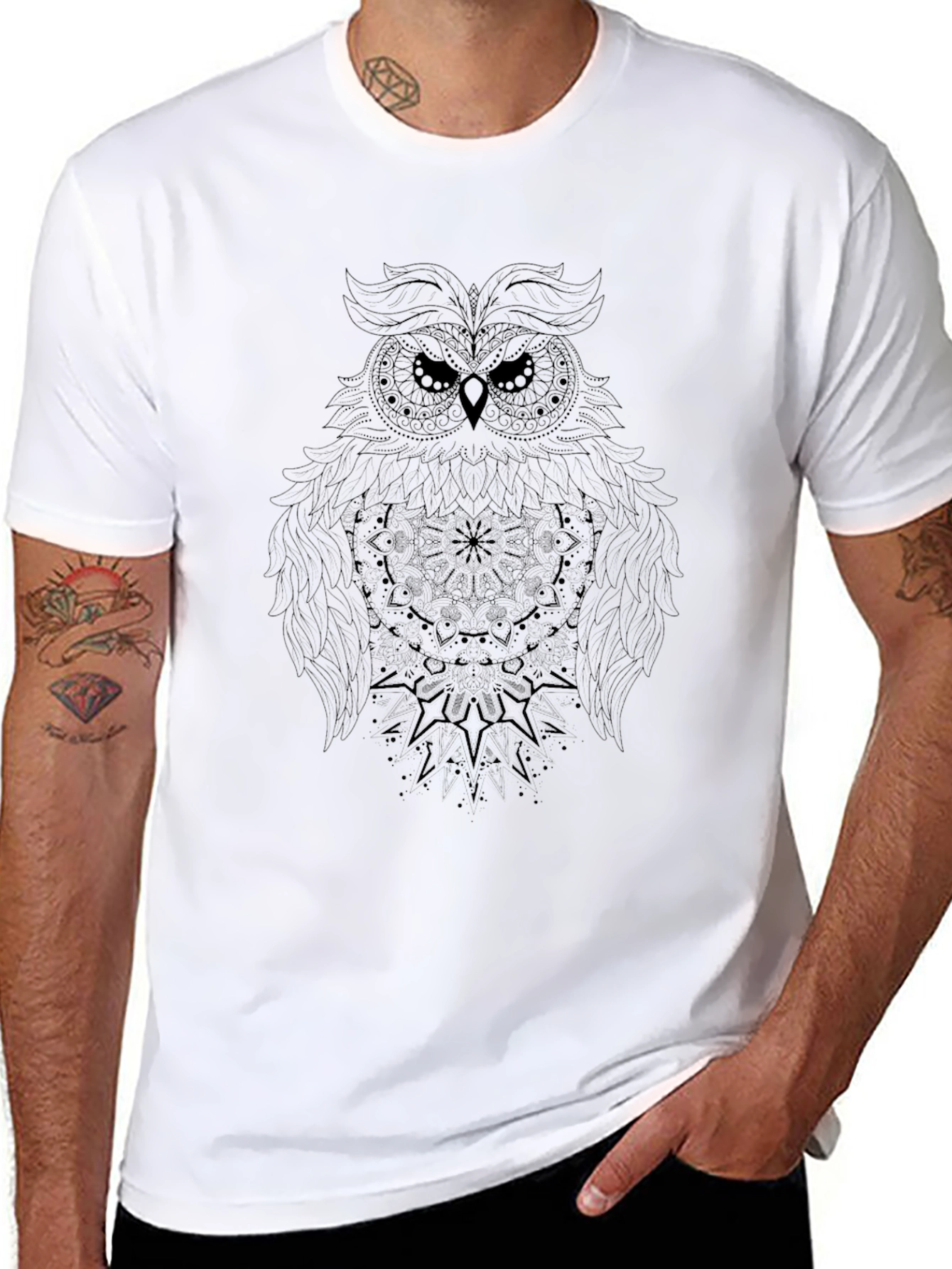 Owl Mandala Graphic Print Black T-Shirt