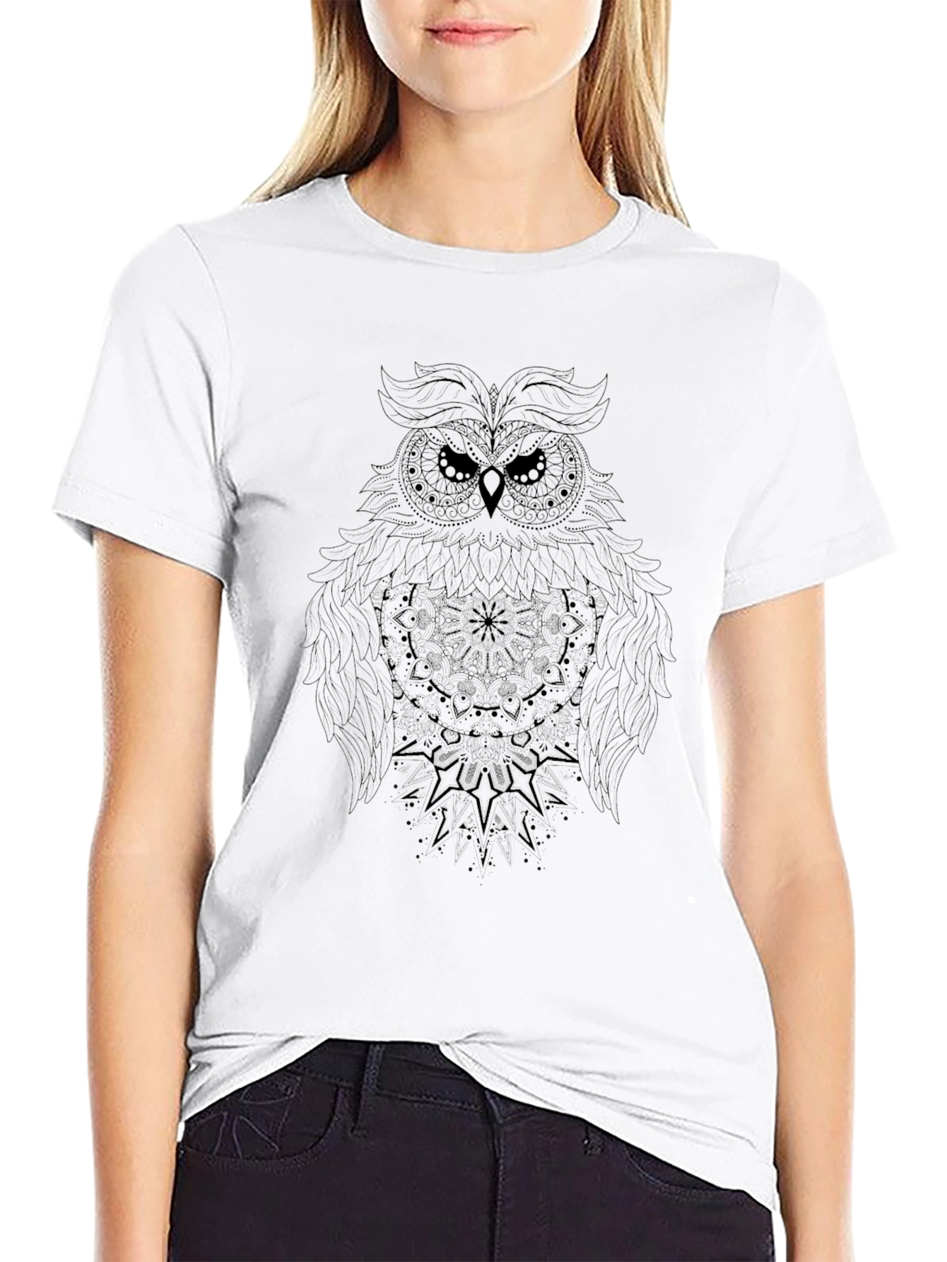 Owl Mandala Graphic Print Black T-Shirt