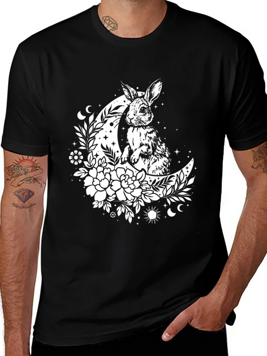 Rabbit Moon Graphic Tee - Black Cotton T-Shirt