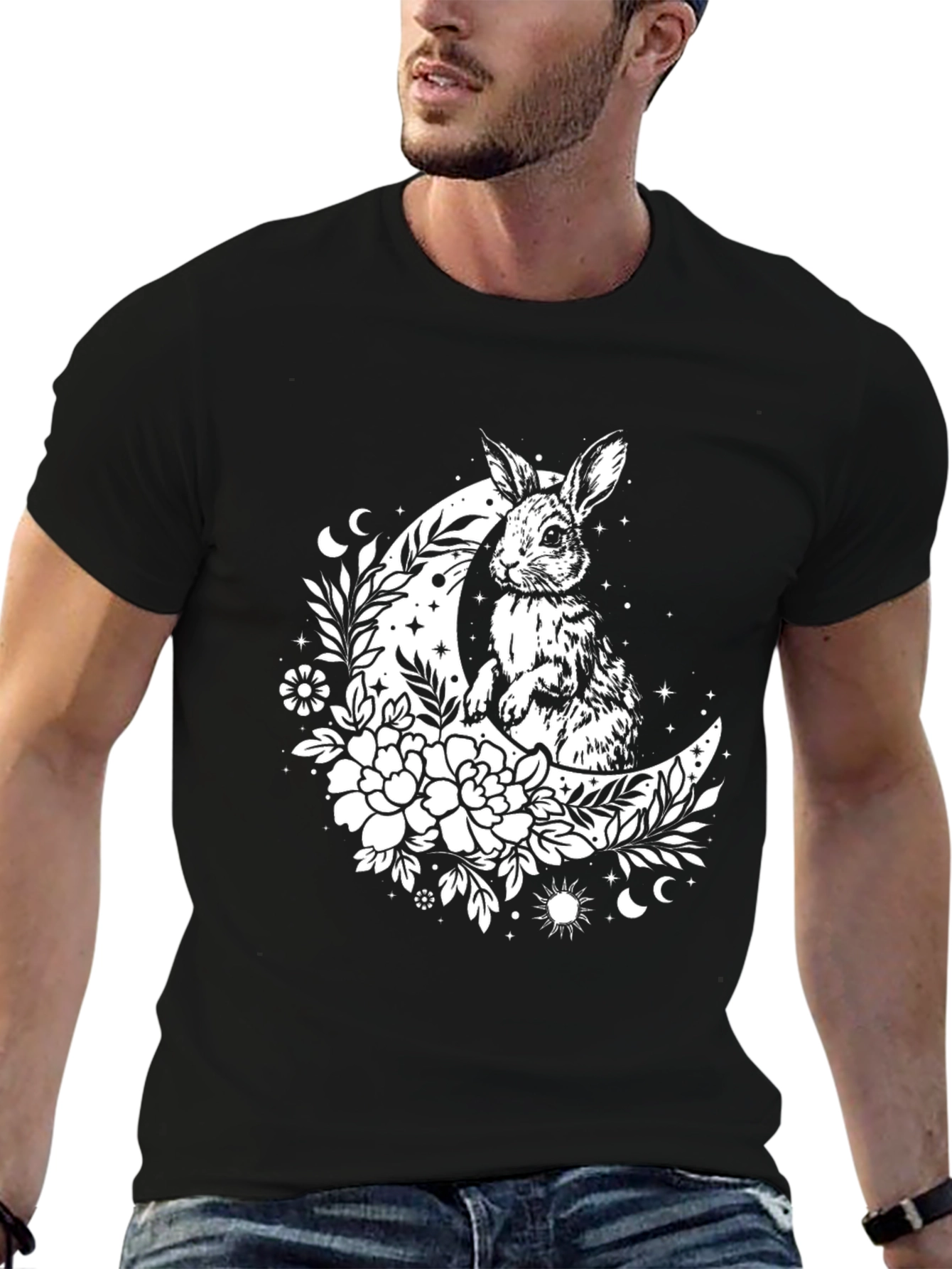 Rabbit Moon Graphic Tee - Black Cotton T-Shirt