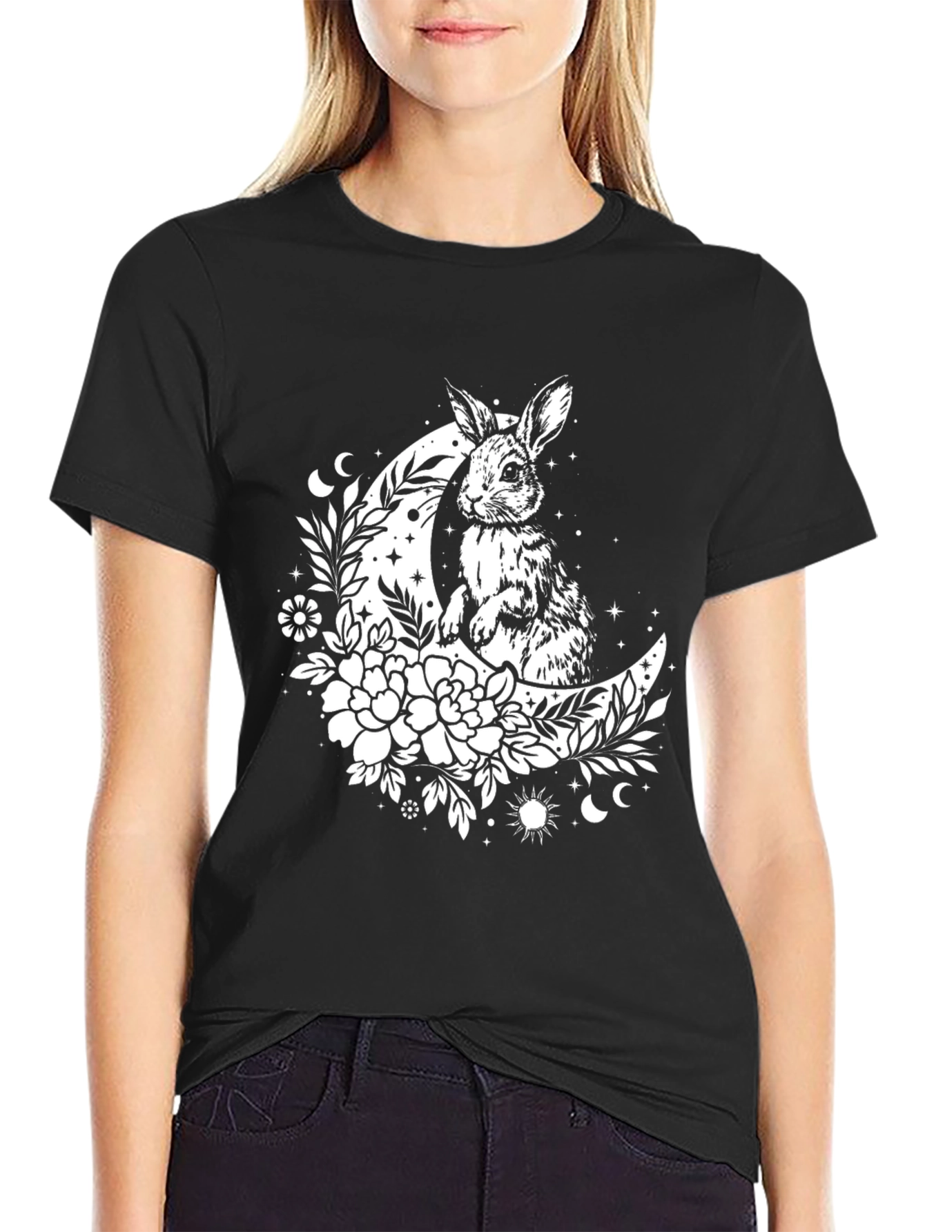 Rabbit Moon Graphic Tee - Black Cotton T-Shirt
