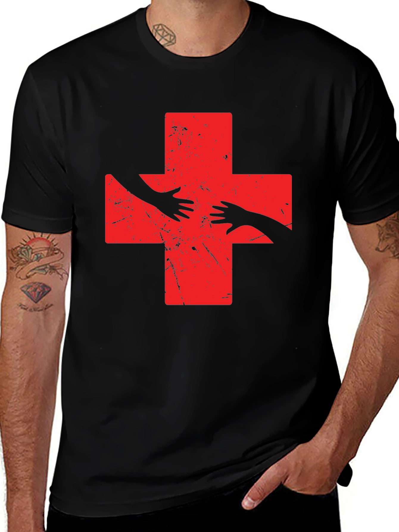 Distressed Red Cross Hands T-Shirt