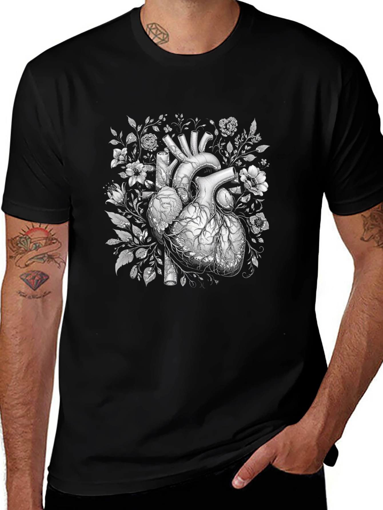 Floral Heart Graphic T-Shirt - Black
