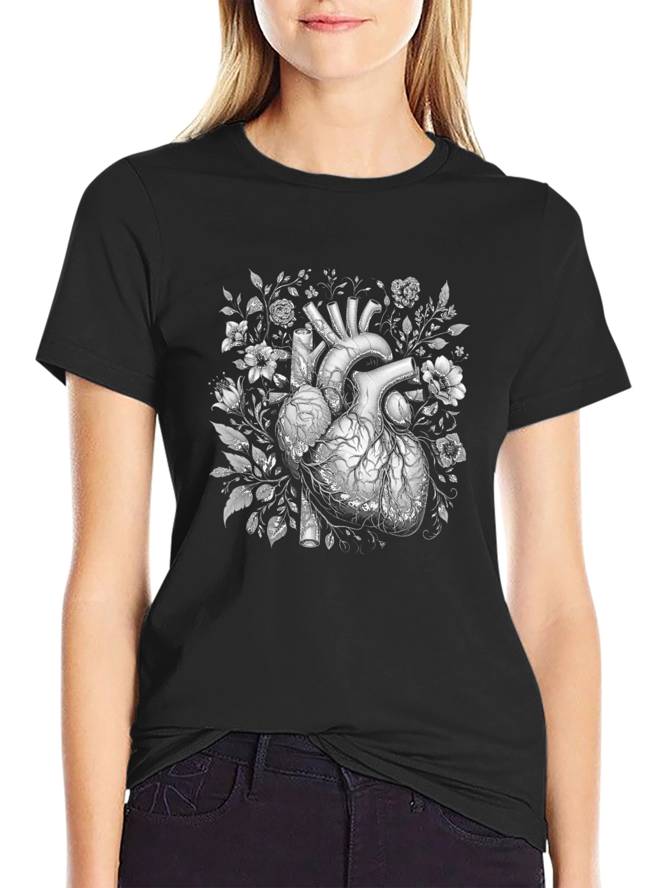 Floral Heart Graphic T-Shirt - Black